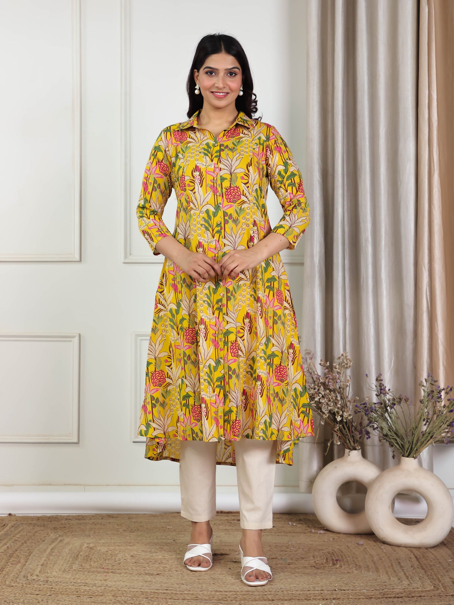 Soft Cotton Floral High Low Yellow Kurta
