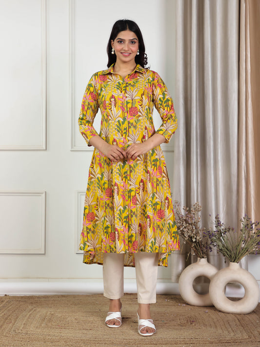 Soft Cotton Floral High Low Yellow Kurta