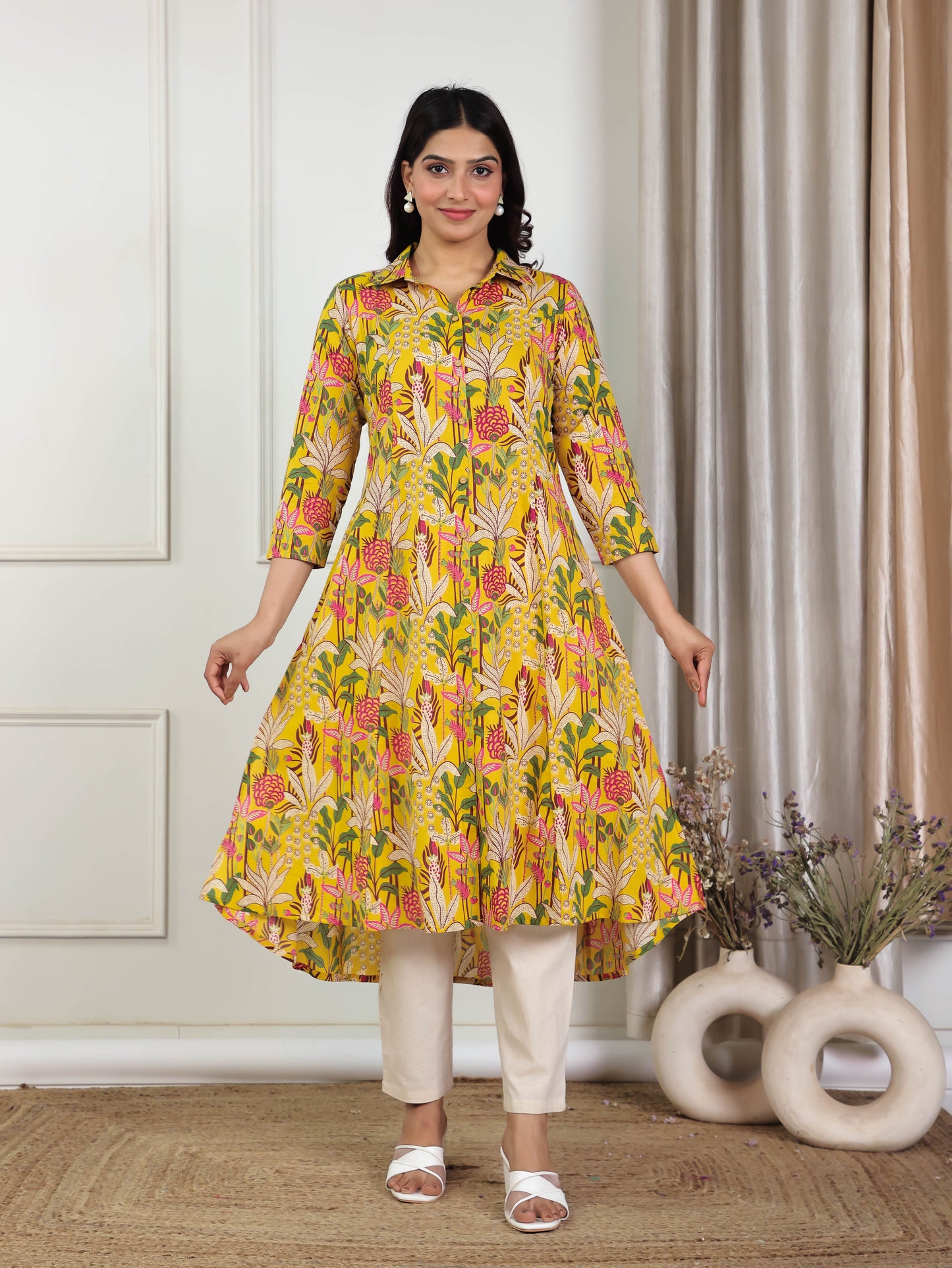 Soft Cotton Floral High Low Yellow Kurta