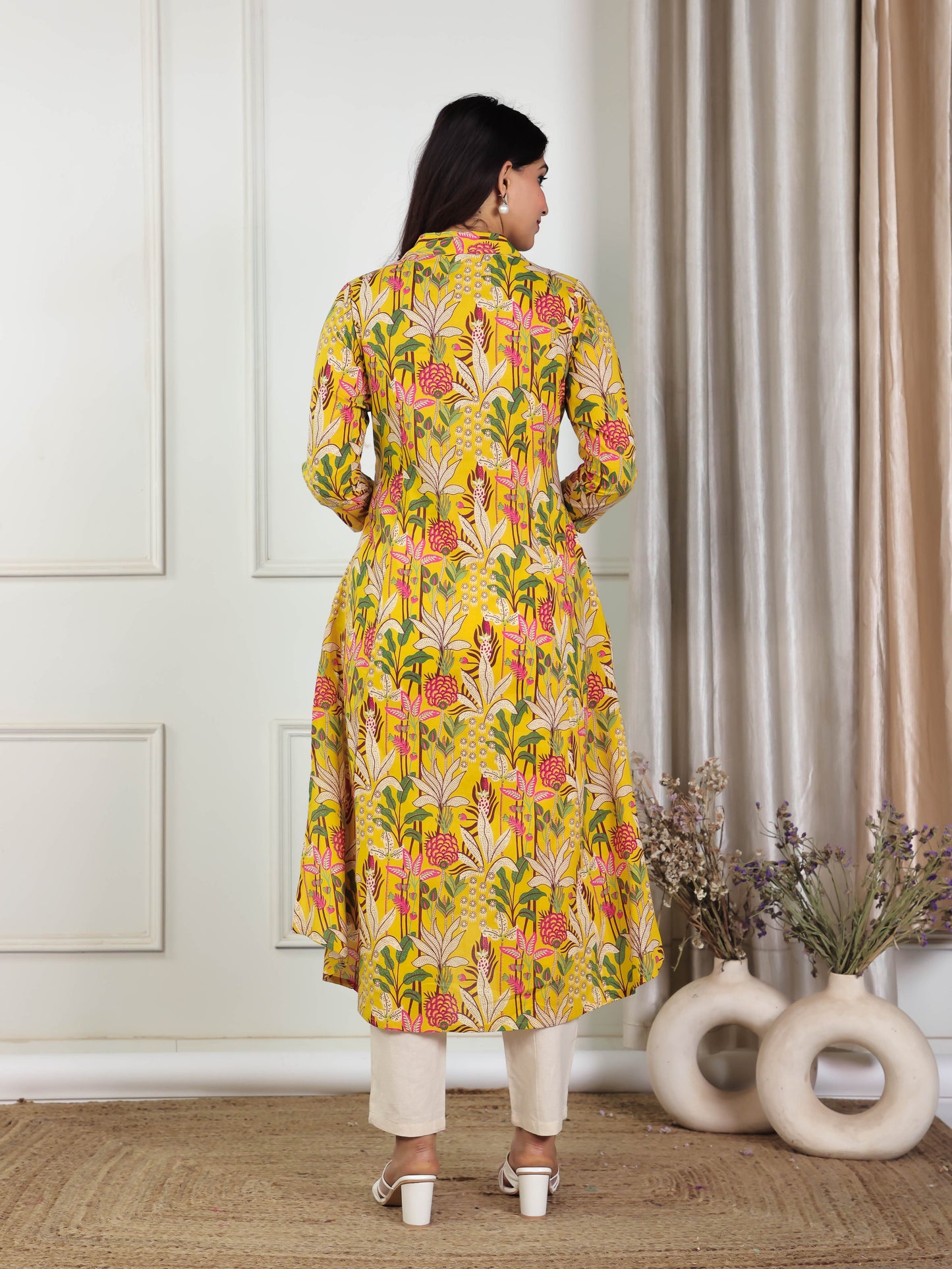 Soft Cotton Floral High Low Yellow Kurta