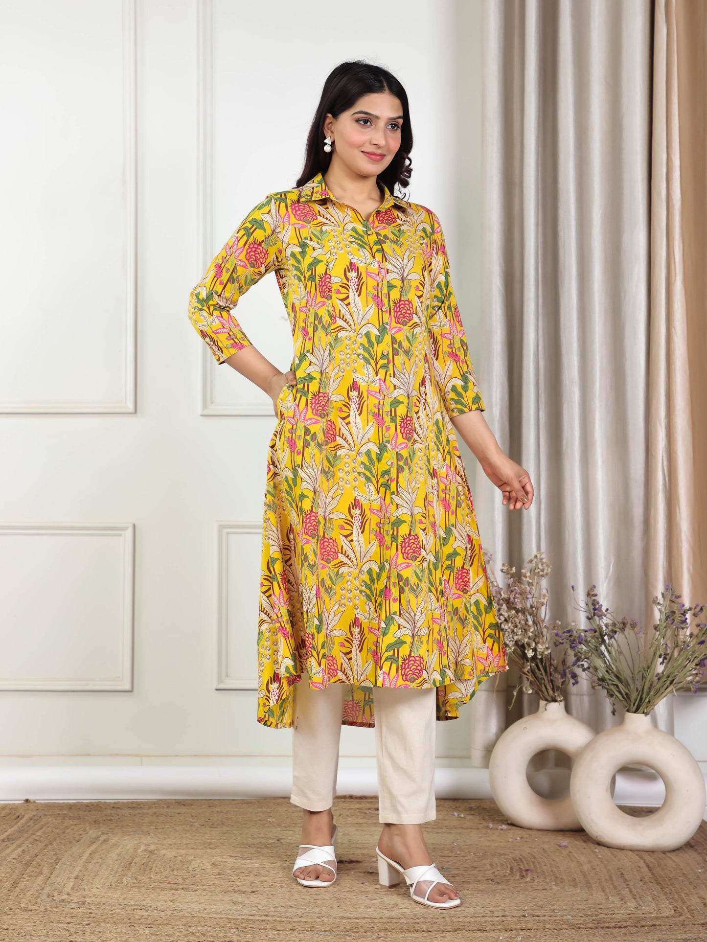 Soft Cotton Floral High Low Yellow Kurta