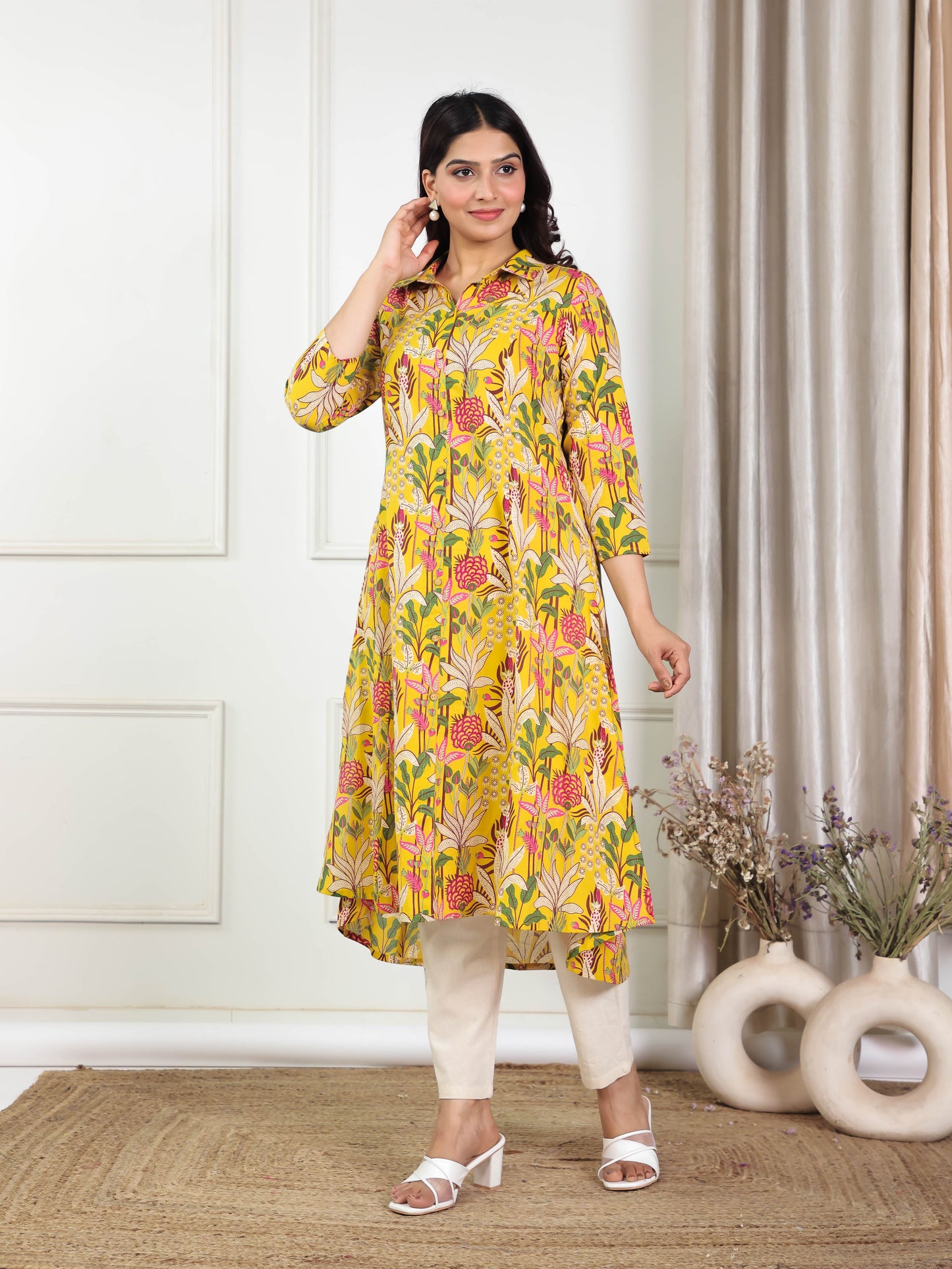 Soft Cotton Floral High Low Yellow Kurta