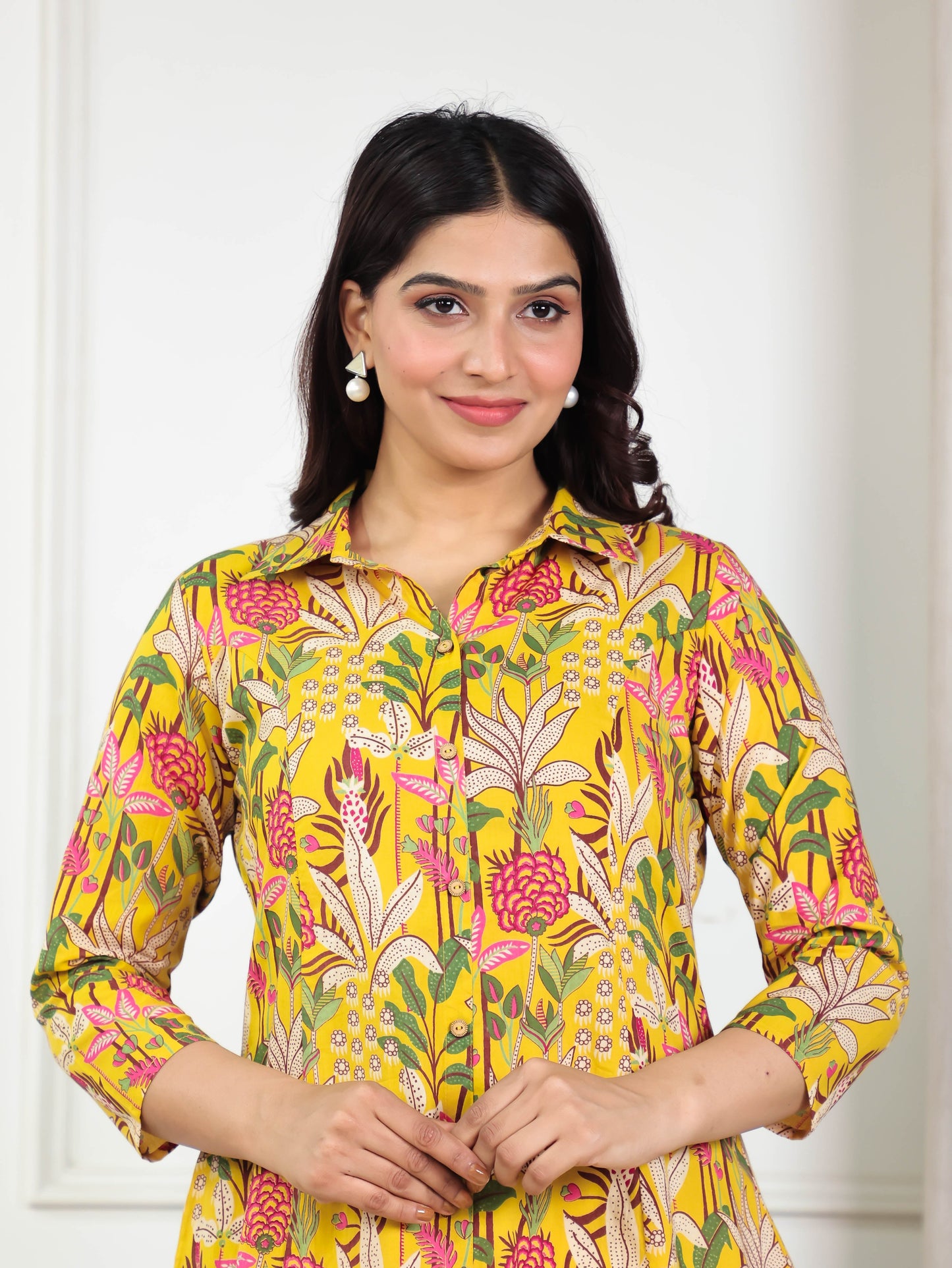 Soft Cotton Floral High Low Yellow Kurta