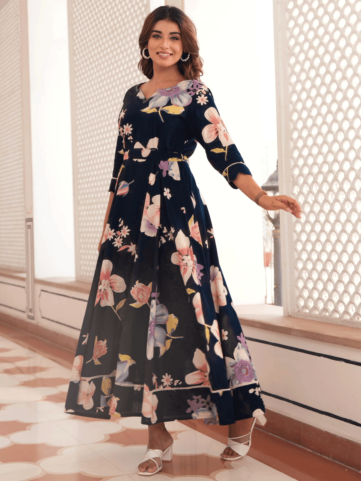 Embroidered Soft Cotton Floral Anarkali Blue Dress