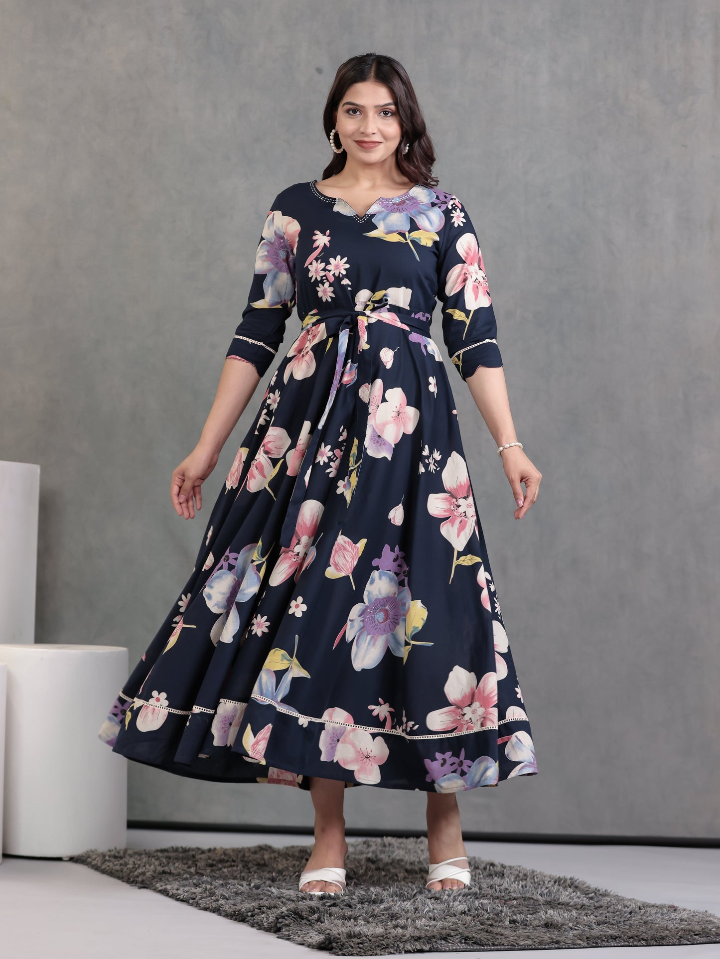 Embroidered Soft Cotton Floral Anarkali Blue Dress