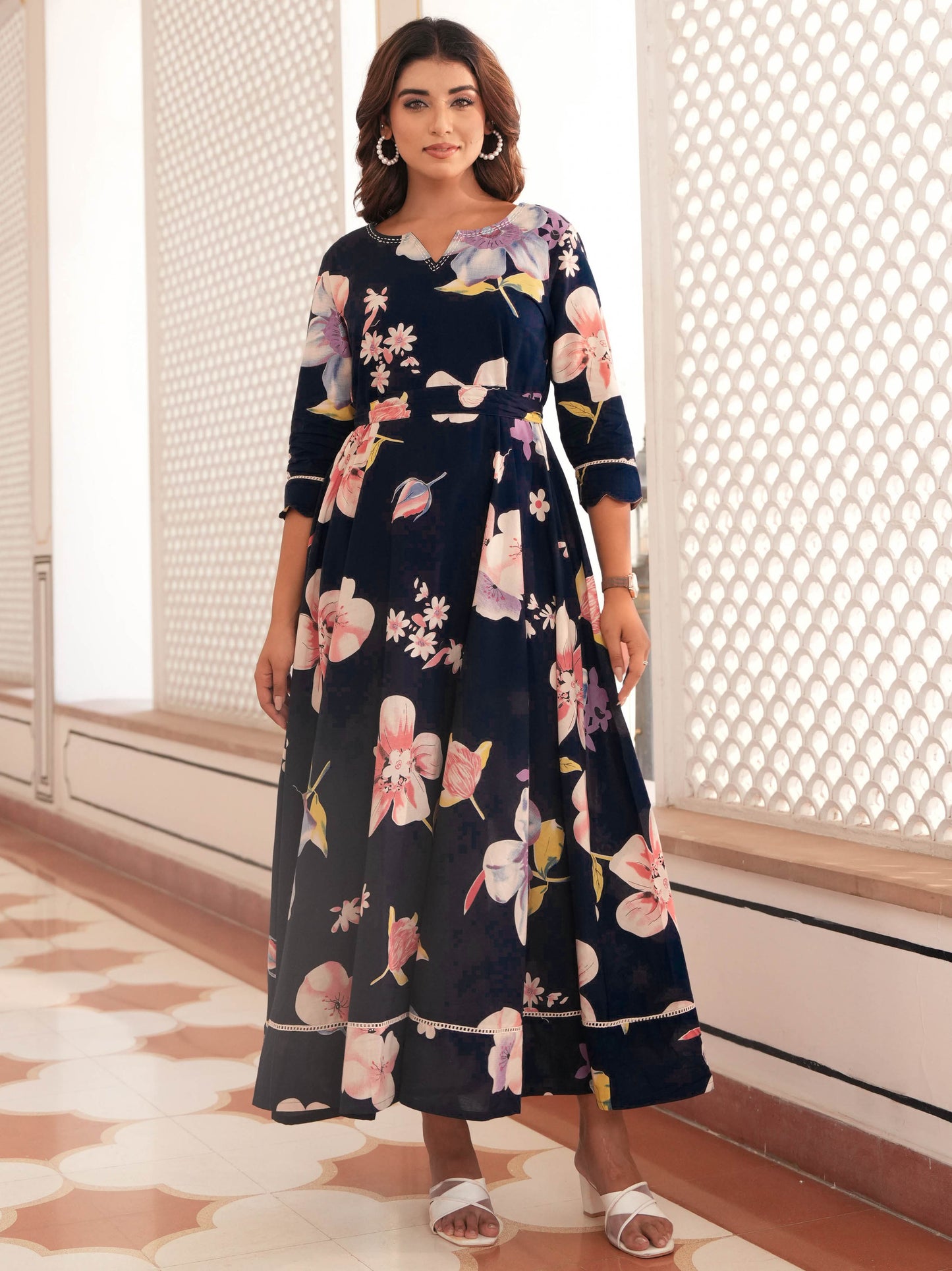 Embroidered Soft Cotton Floral Anarkali Blue Dress