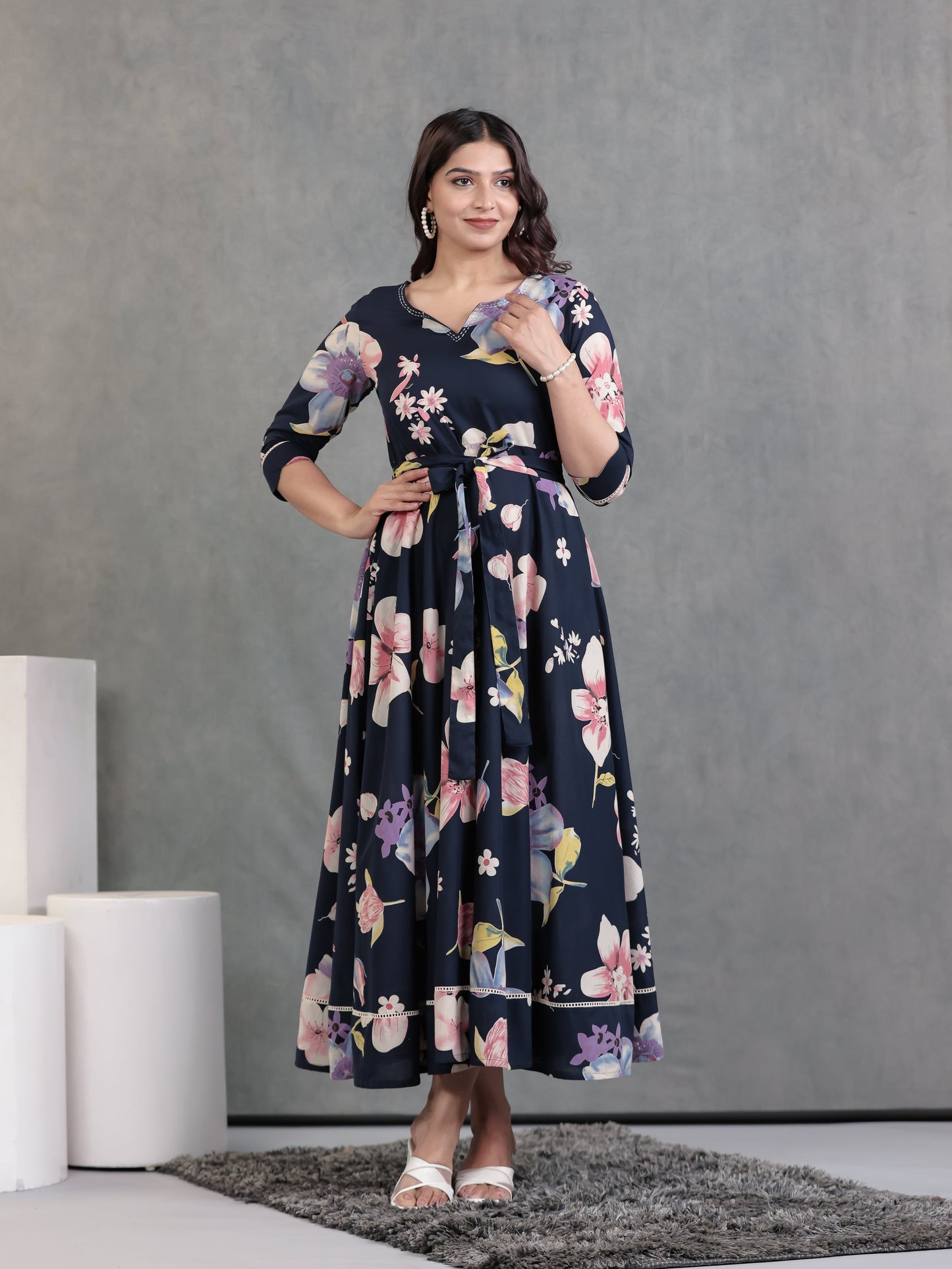 Embroidered Soft Cotton Floral Anarkali Blue Dress