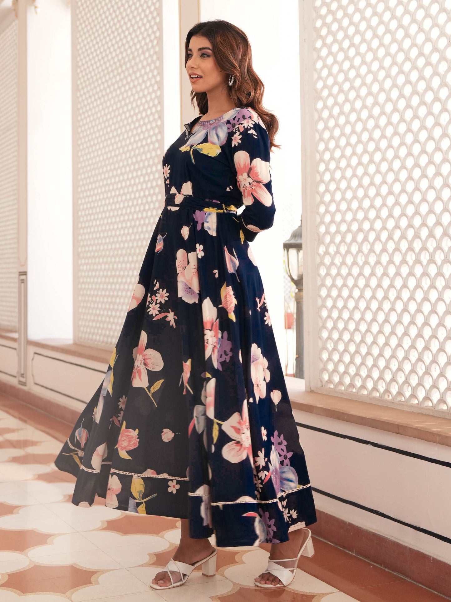 Embroidered Soft Cotton Floral Anarkali Blue Dress