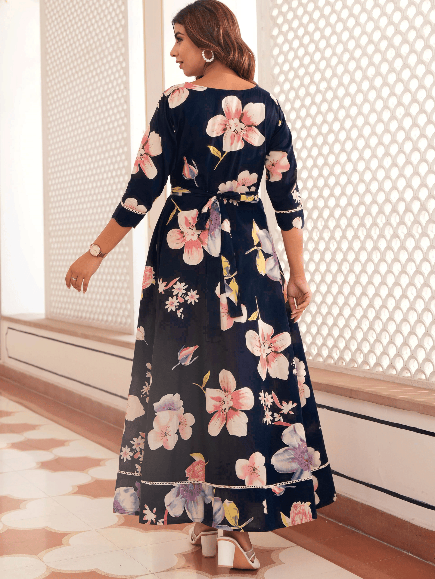 Embroidered Soft Cotton Floral Anarkali Blue Dress