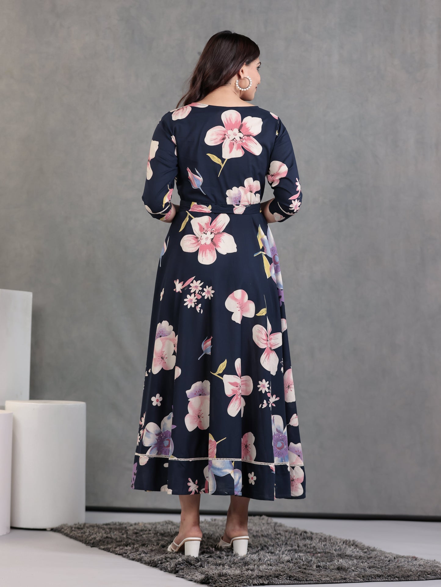 Embroidered Soft Cotton Floral Anarkali Blue Dress