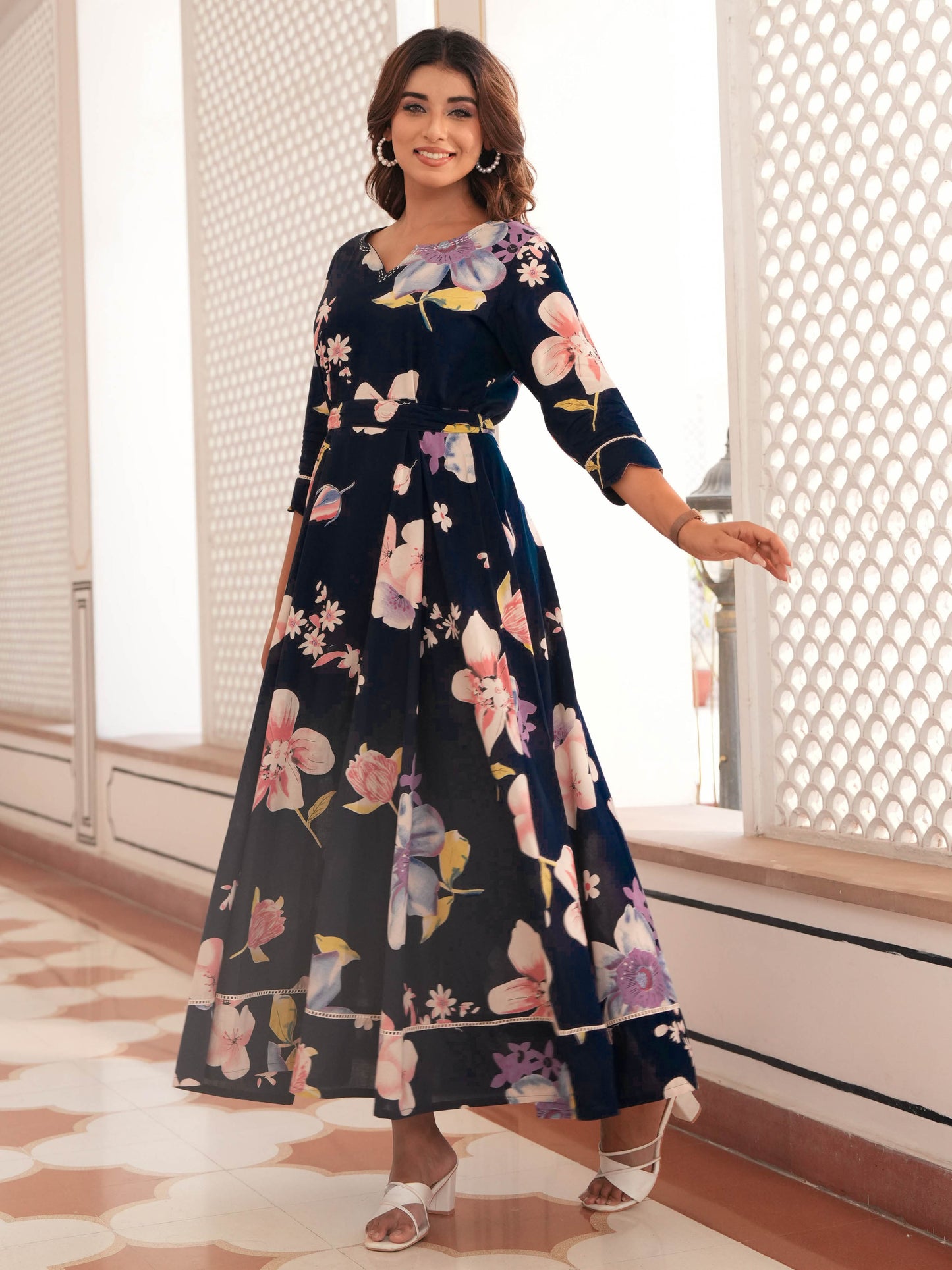 Embroidered Soft Cotton Floral Anarkali Blue Dress