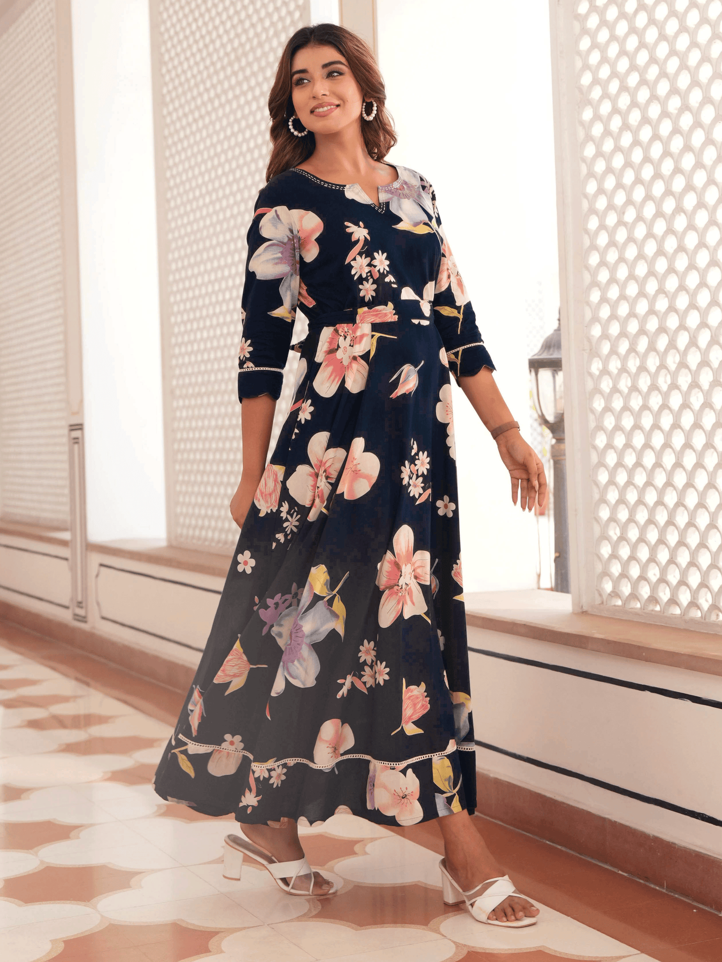 Embroidered Soft Cotton Floral Anarkali Blue Dress