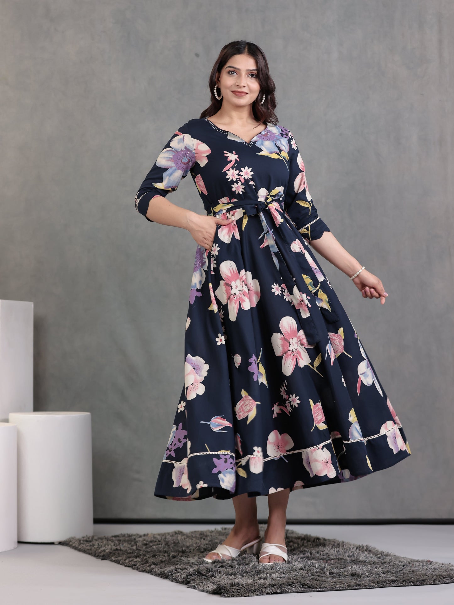 Embroidered Soft Cotton Floral Anarkali Blue Dress