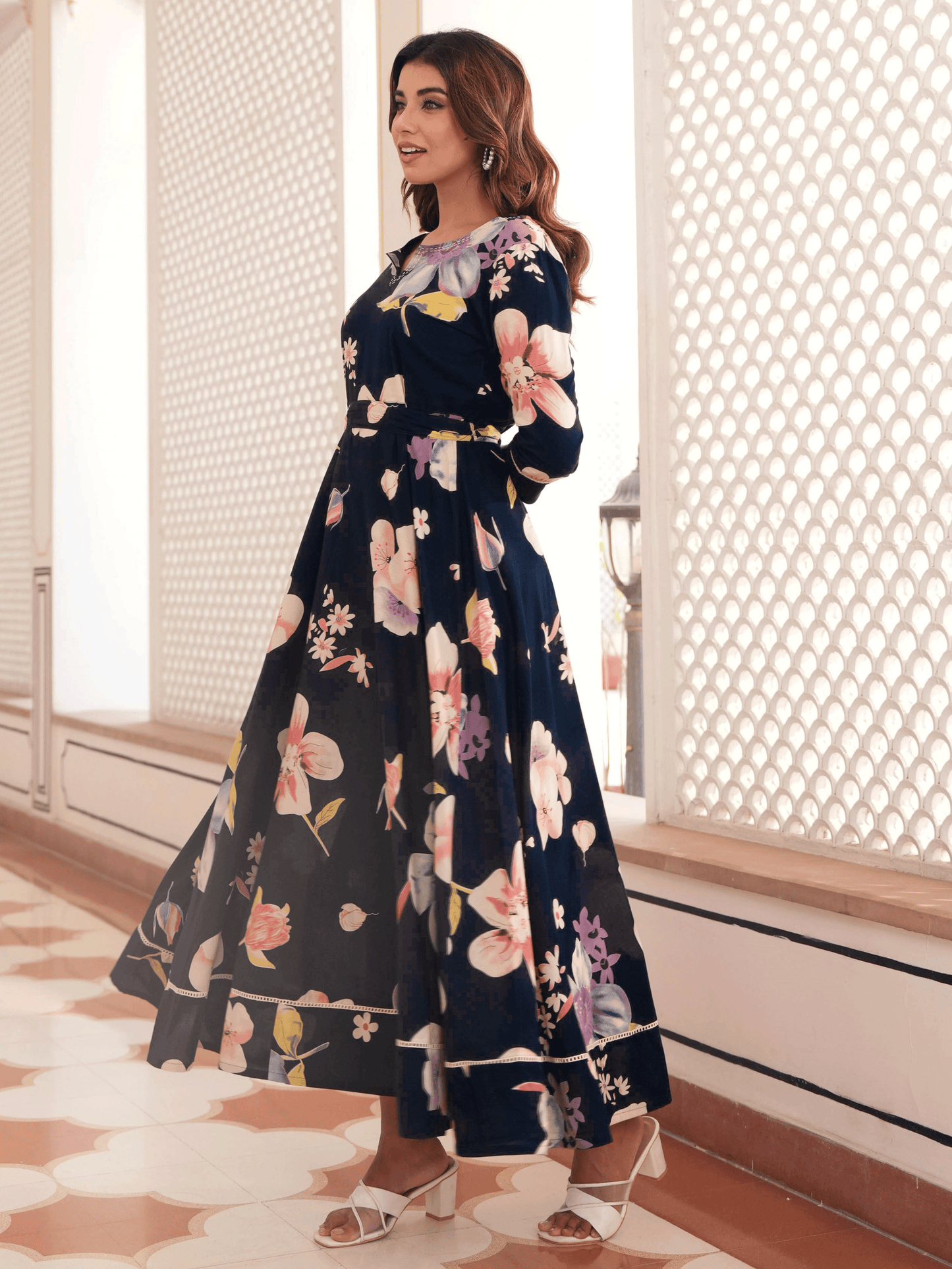 Embroidered Soft Cotton Floral Anarkali Blue Dress