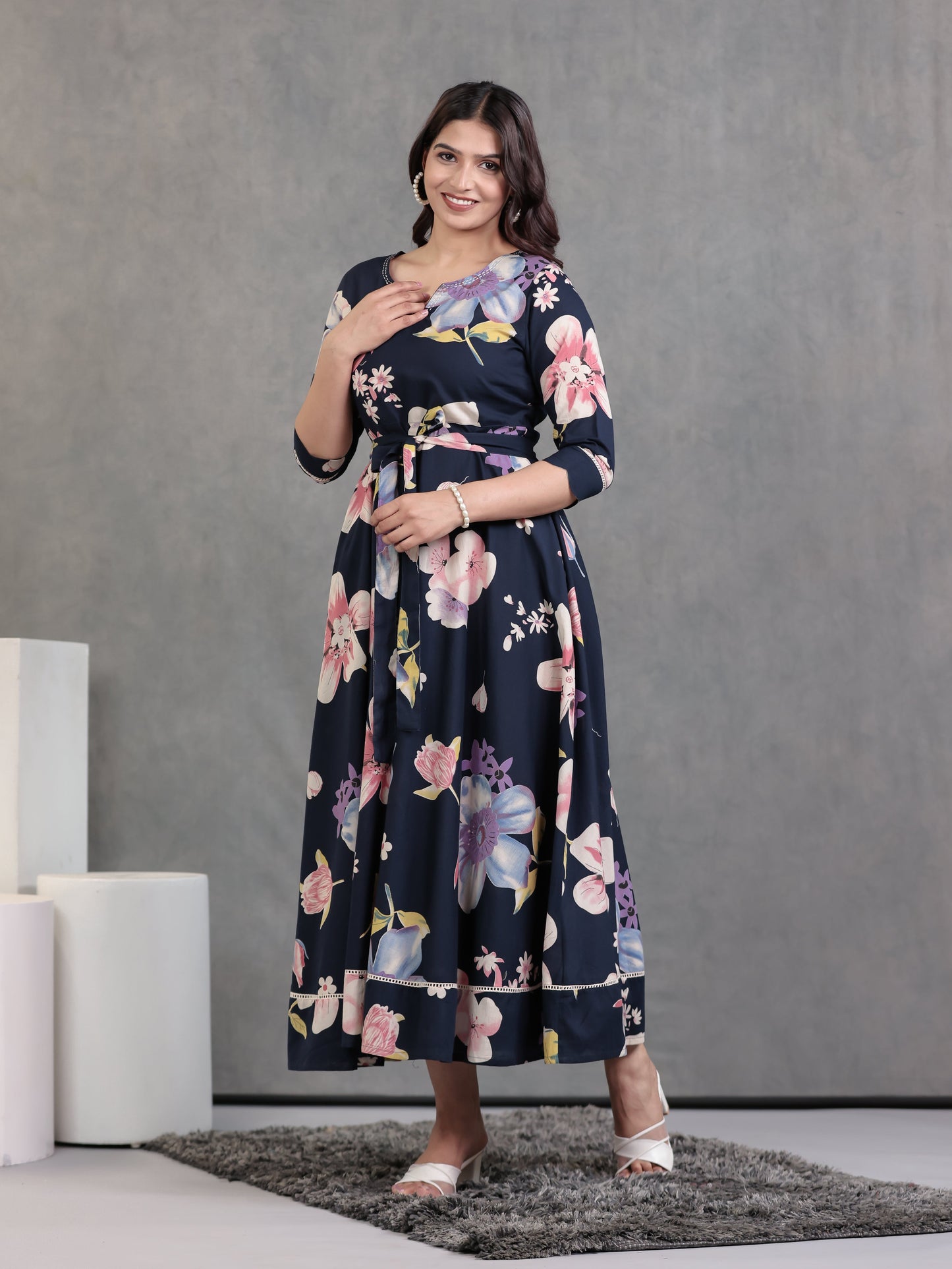 Embroidered Soft Cotton Floral Anarkali Blue Dress