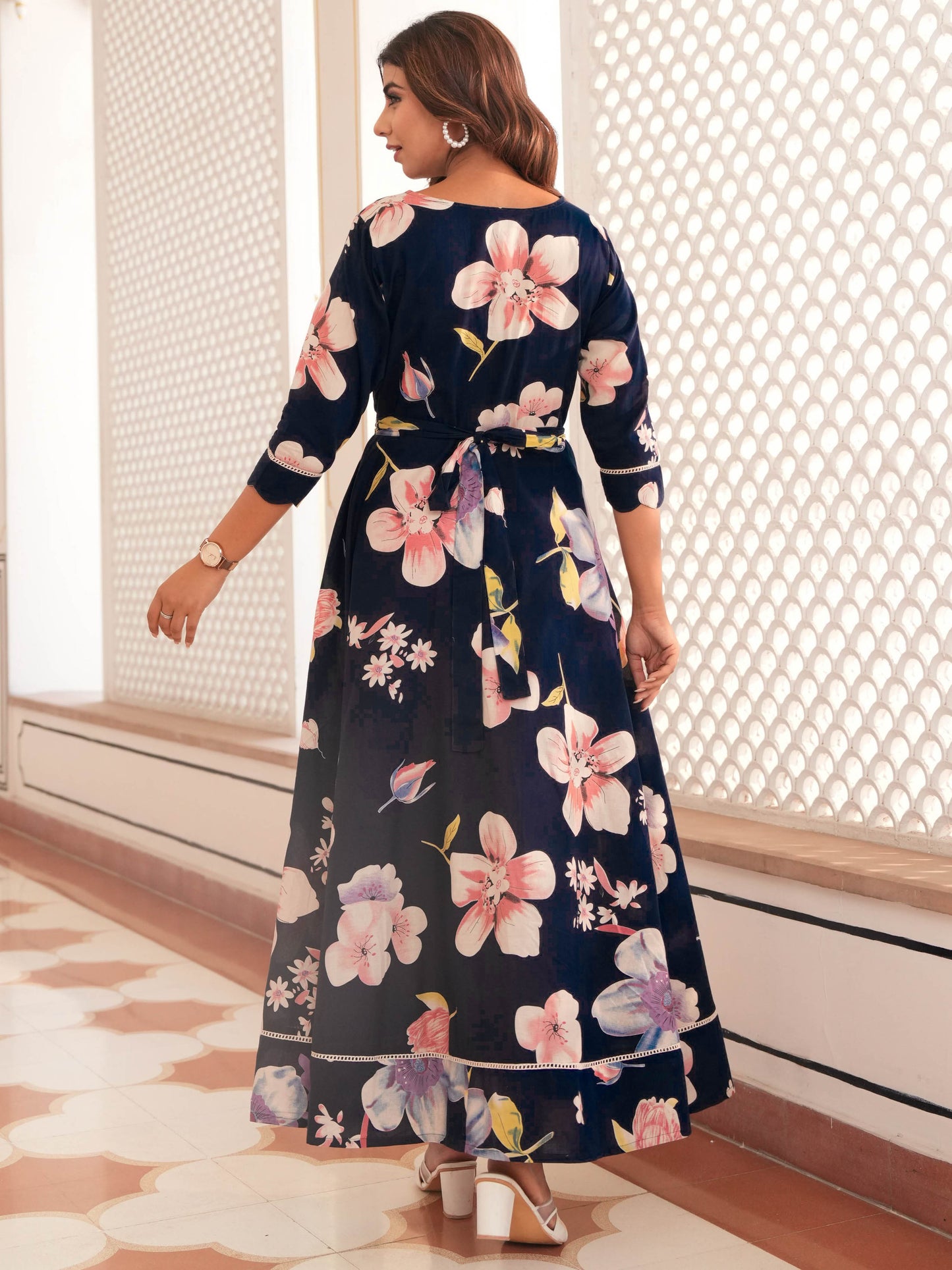 Embroidered Soft Cotton Floral Anarkali Blue Dress
