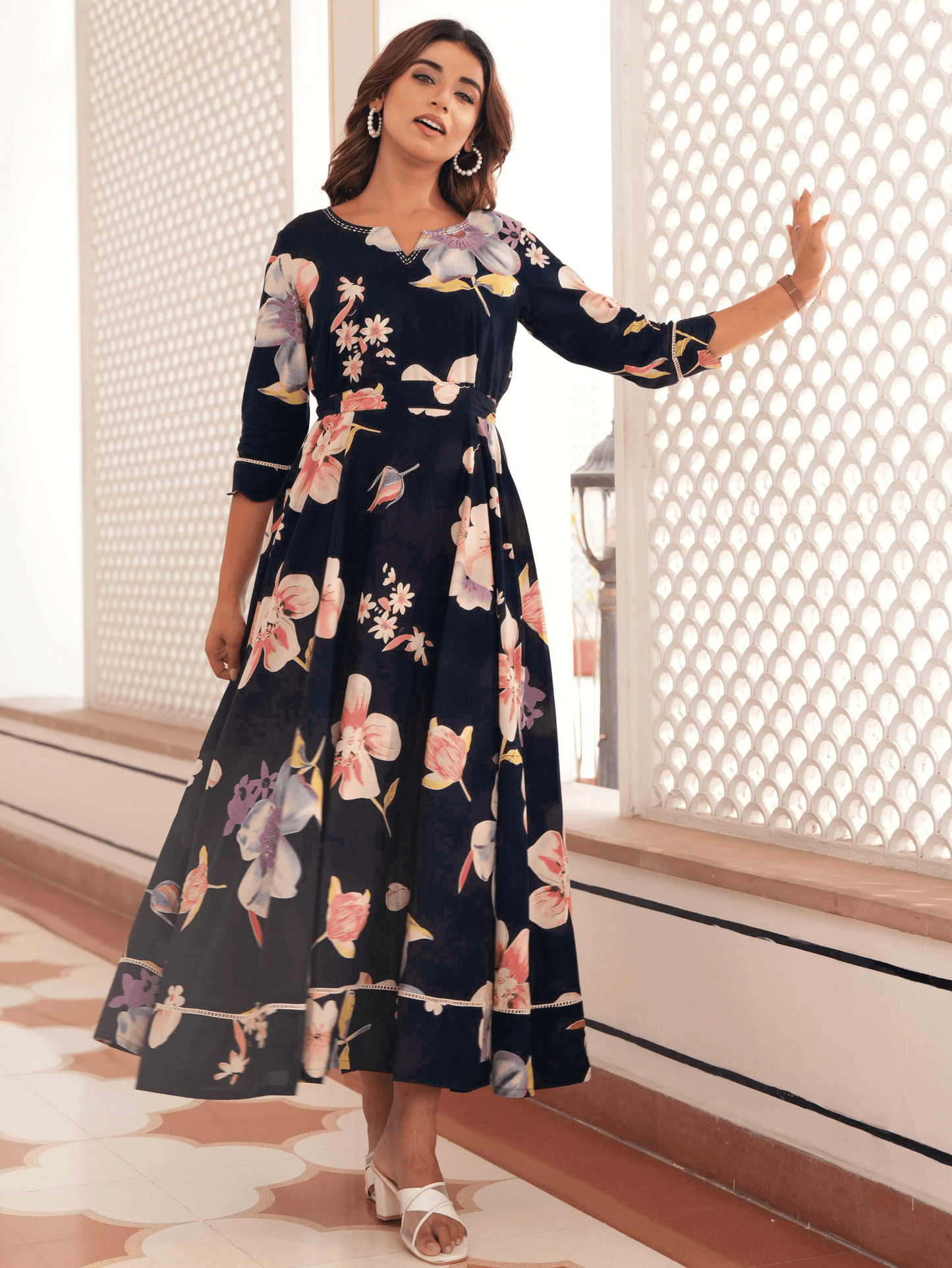 Embroidered Soft Cotton Floral Anarkali Blue Dress