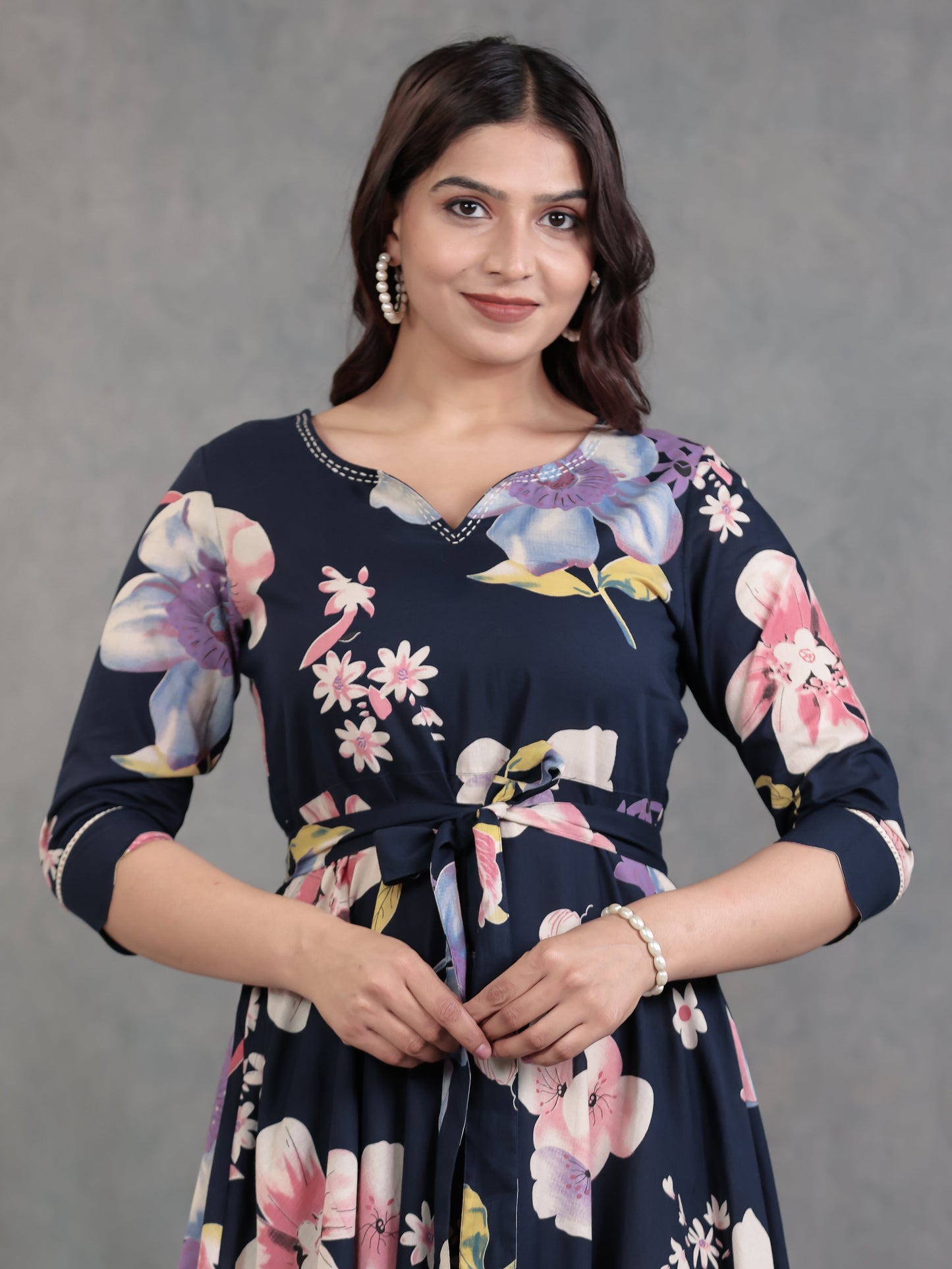 Embroidered Soft Cotton Floral Anarkali Blue Dress