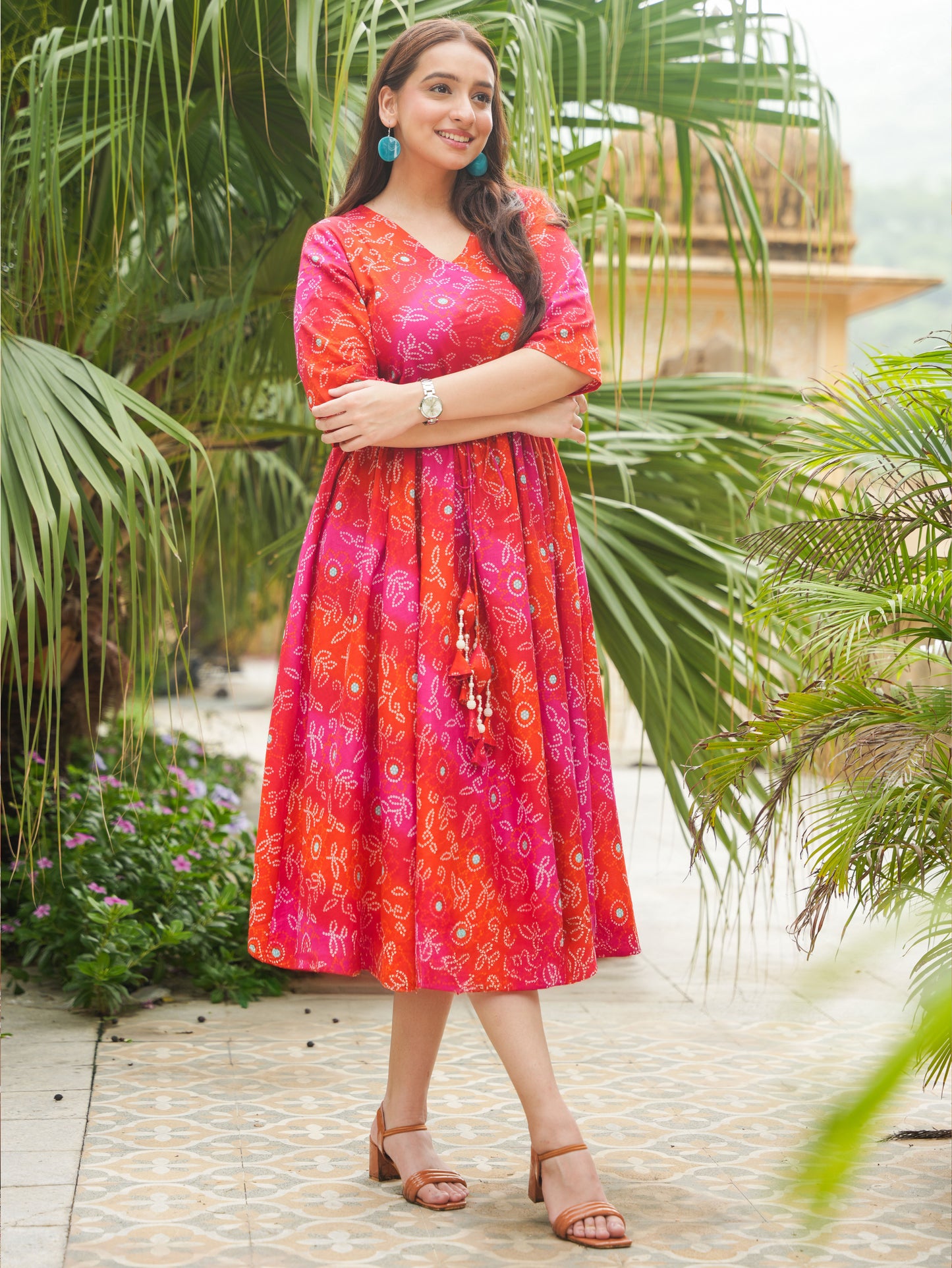 Soft Cotton Bandhani Angrakha Red Dress (With Belt)