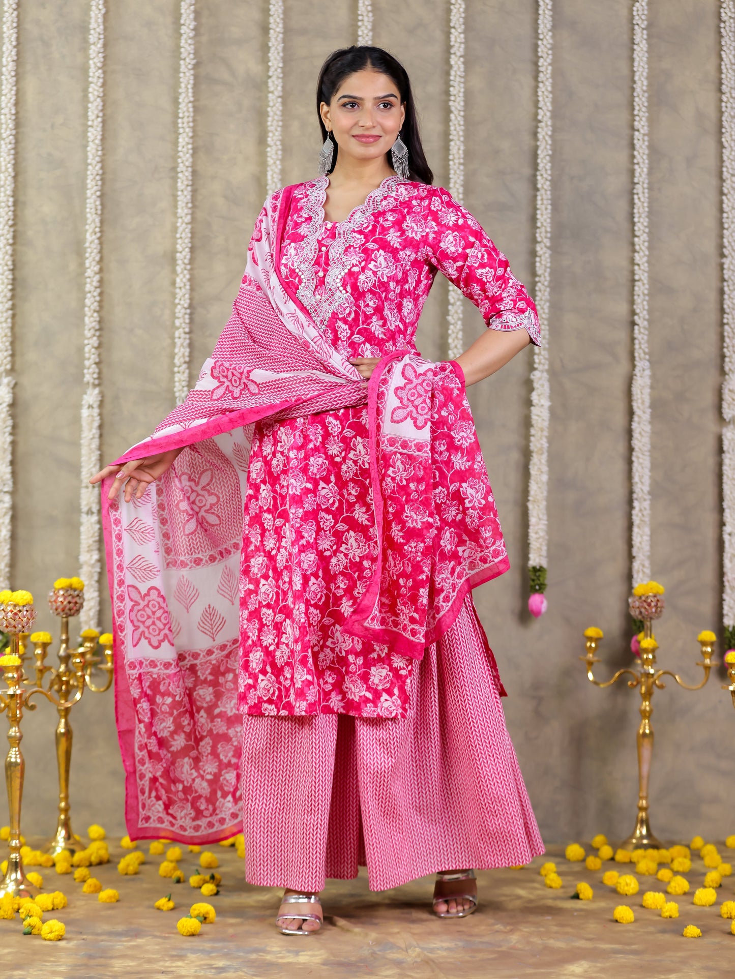 Embroidered Soft Cotton Floral Straight Pink Kurta
