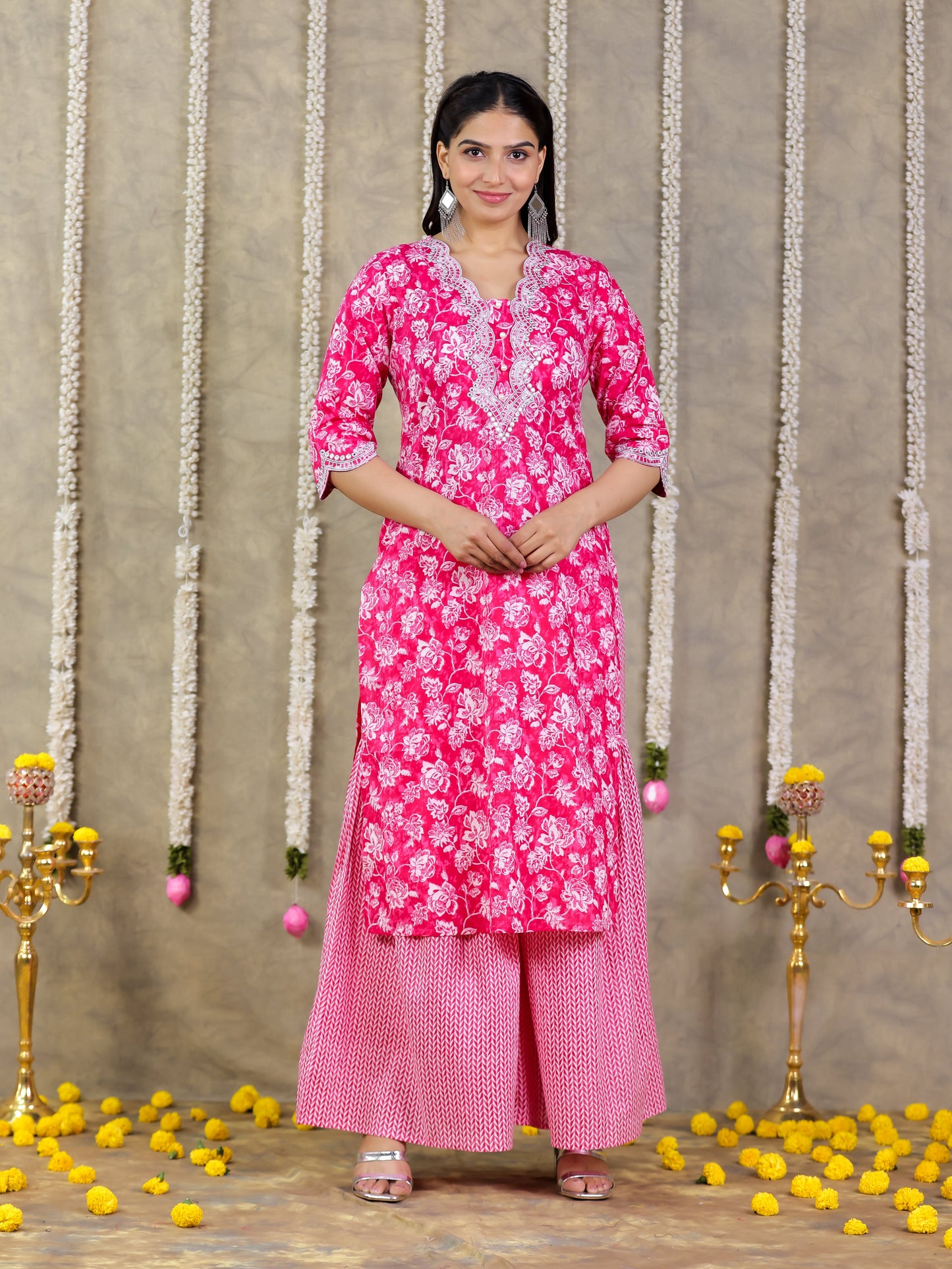 Embroidered Soft Cotton Floral Straight Pink Kurta