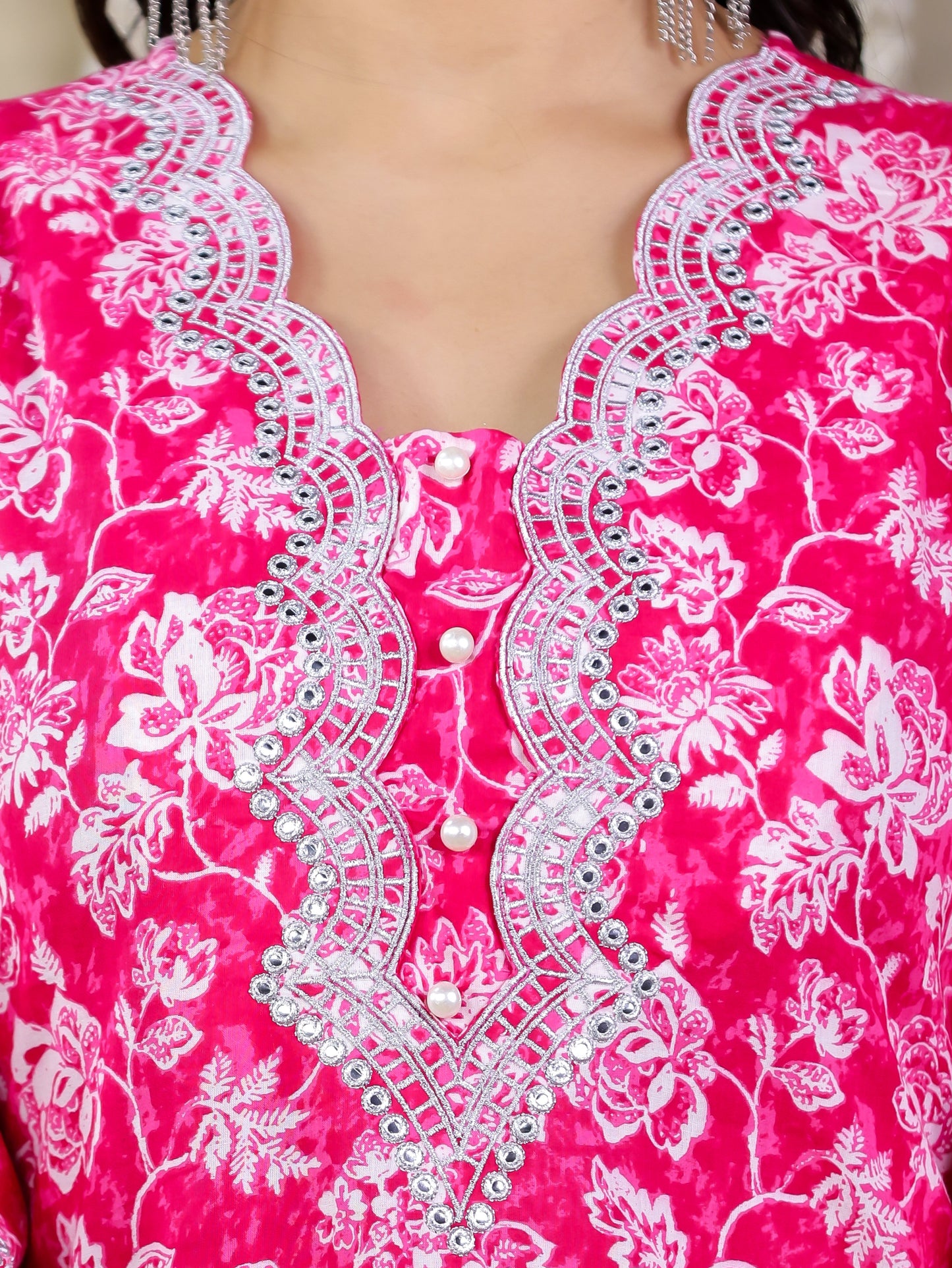Embroidered Soft Cotton Floral Straight Pink Kurta