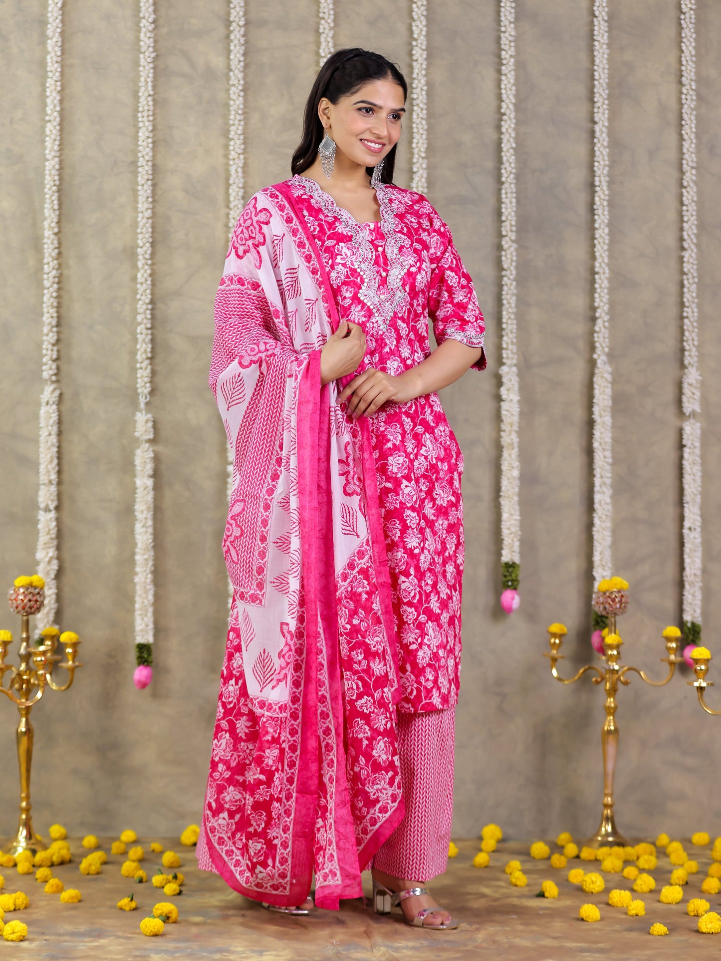 Embroidered Soft Cotton Floral Straight Pink Kurta