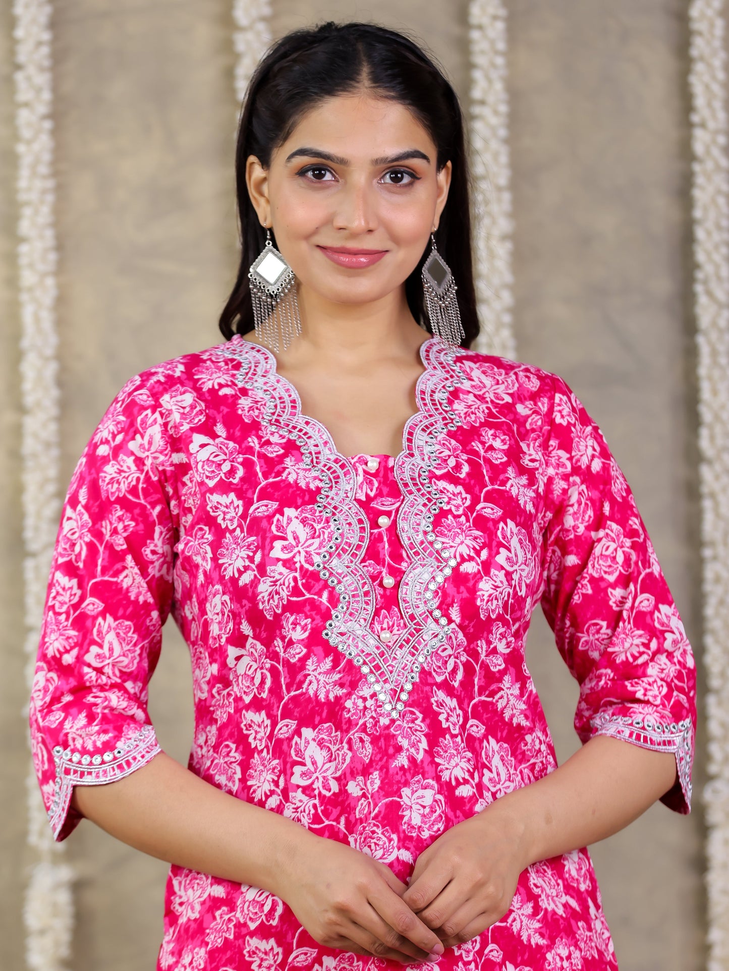 Embroidered Soft Cotton Floral Straight Pink Kurta