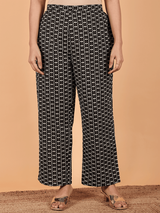 Soft Cotton Geometric Black Straight Trousers