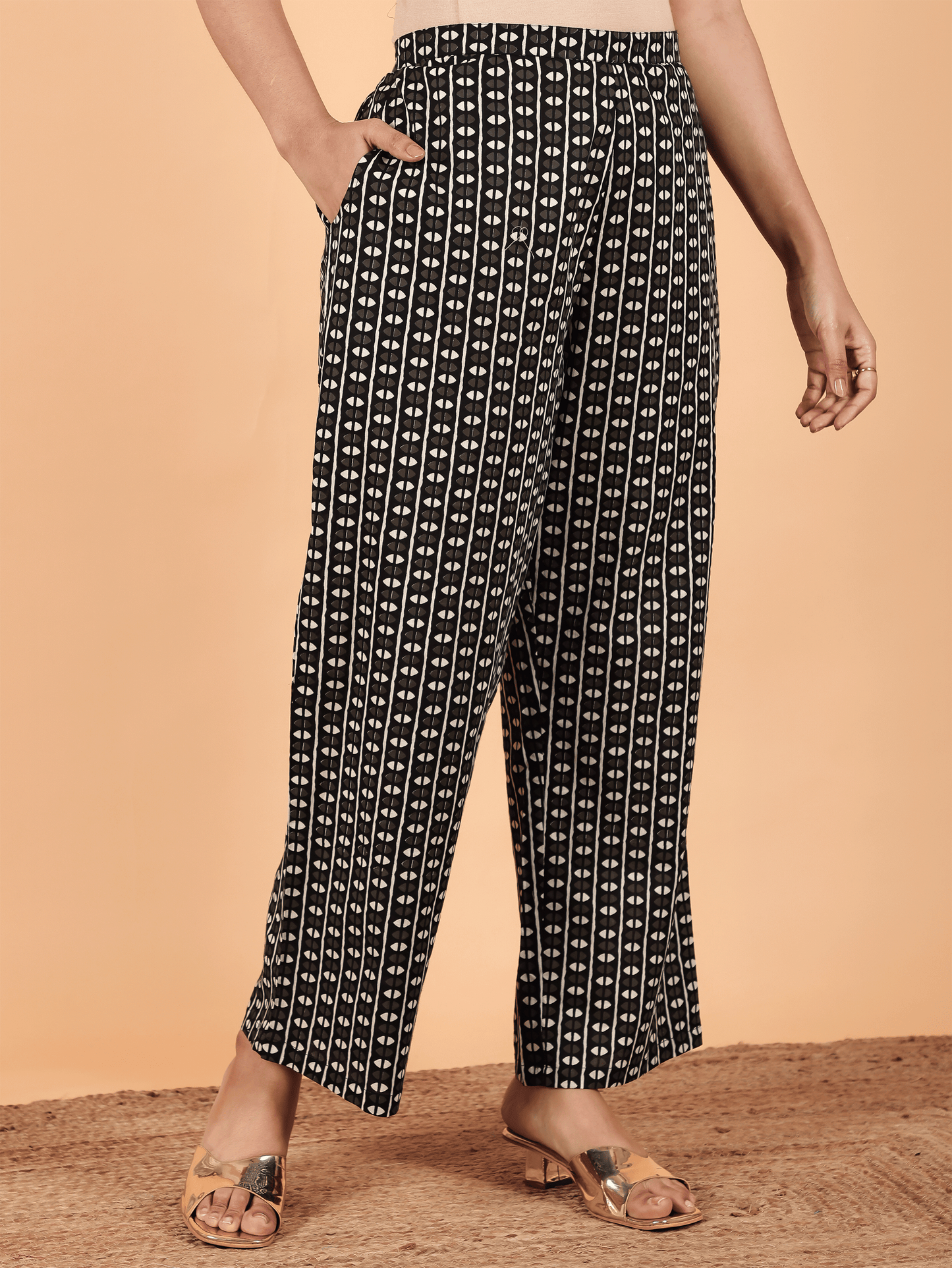 Soft Cotton Geometric Black Straight Trousers