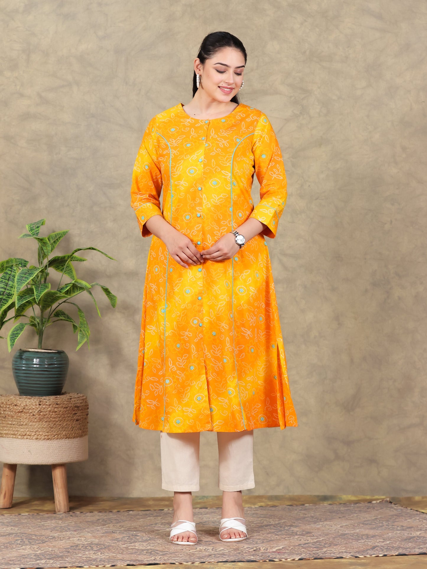 Soft Cotton Bandhani Flared Yellow Kurta