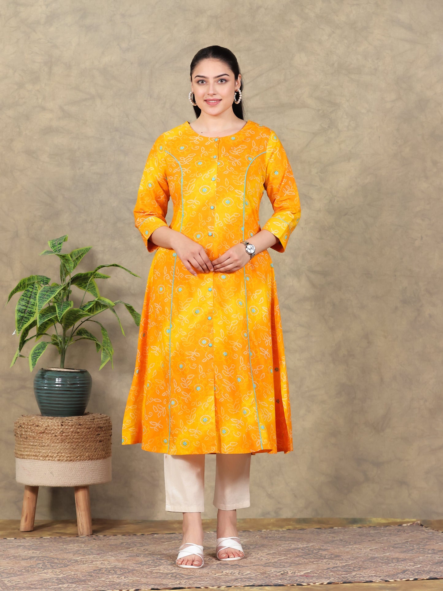 Soft Cotton Bandhani Flared Yellow Kurta