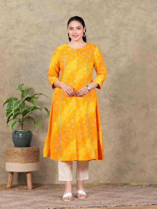 Soft Cotton Bandhani Flared Yellow Kurta