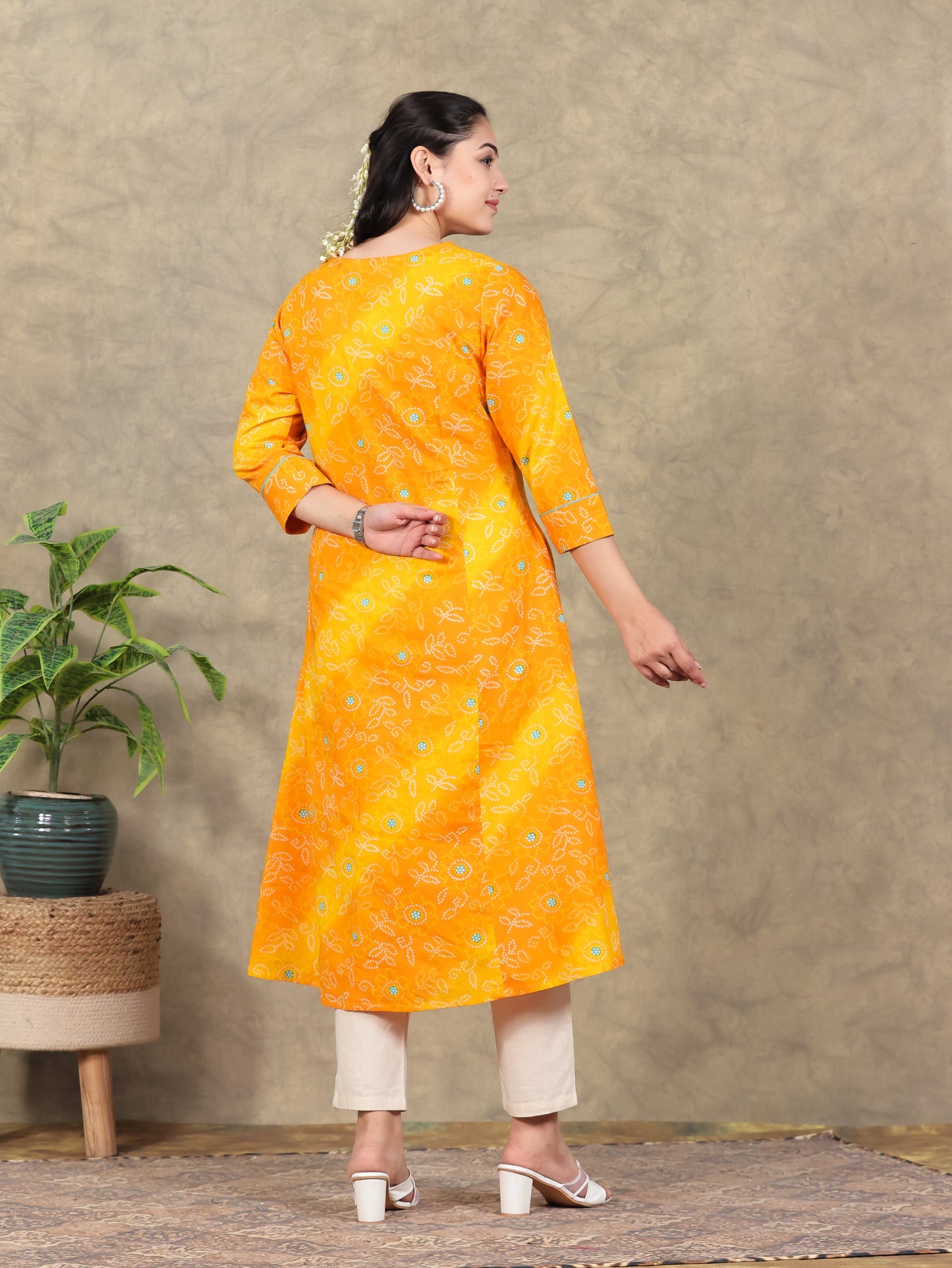 Soft Cotton Bandhani Flared Yellow Kurta