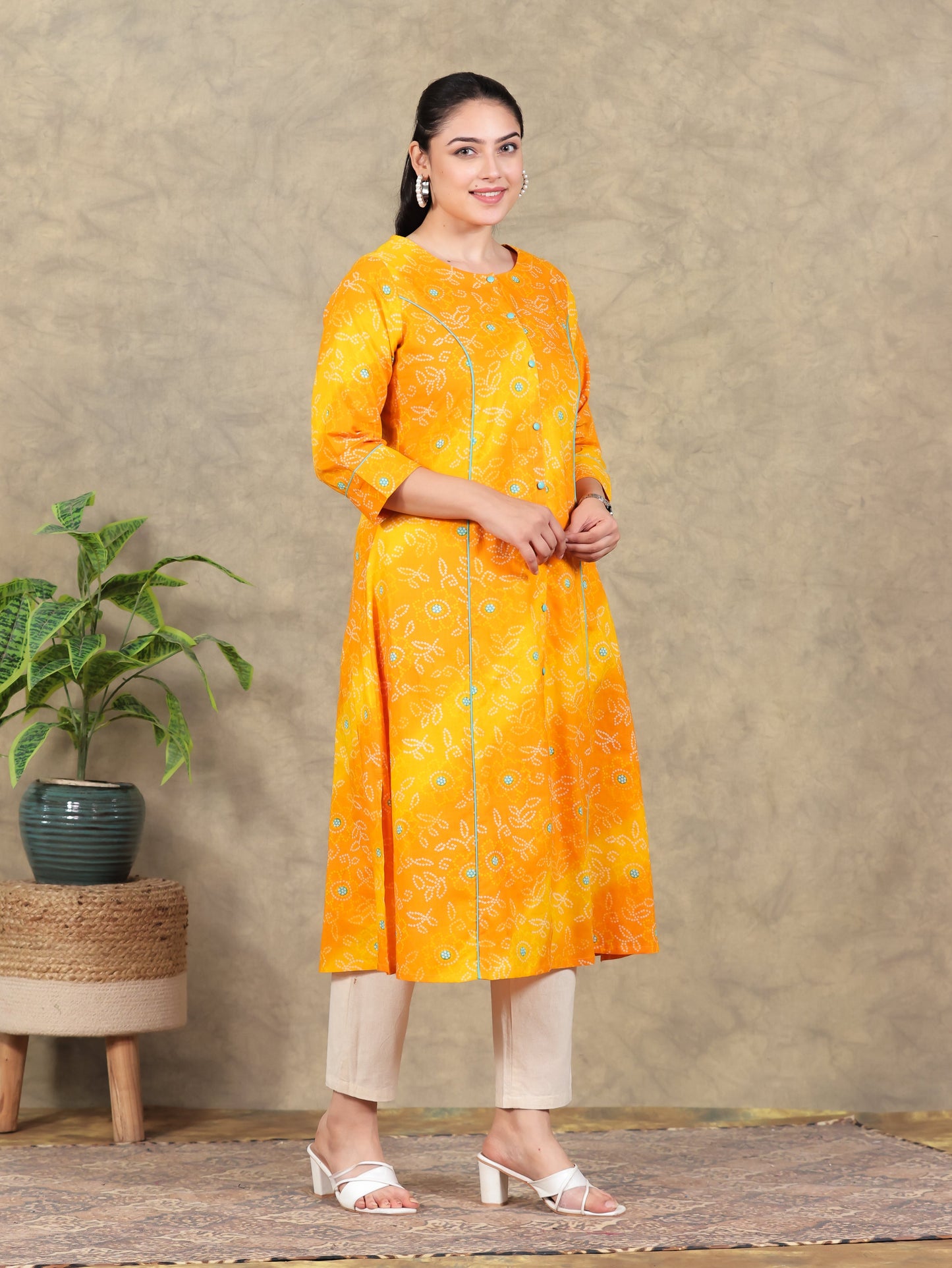 Soft Cotton Bandhani Flared Yellow Kurta