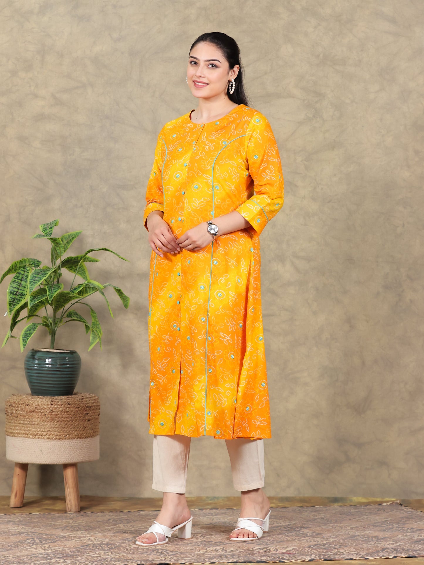 Soft Cotton Bandhani Flared Yellow Kurta