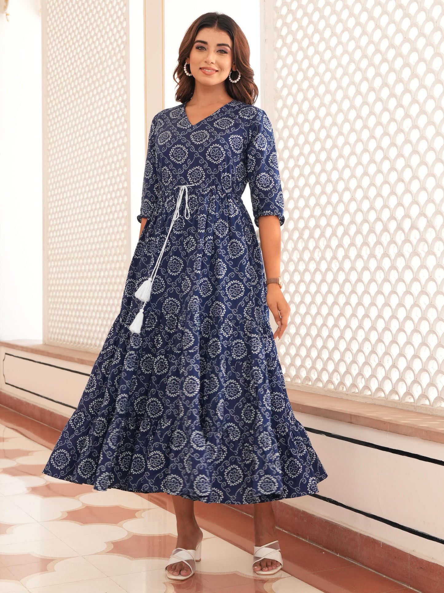 Soft Cotton Bandhani Tiered Blue Dress