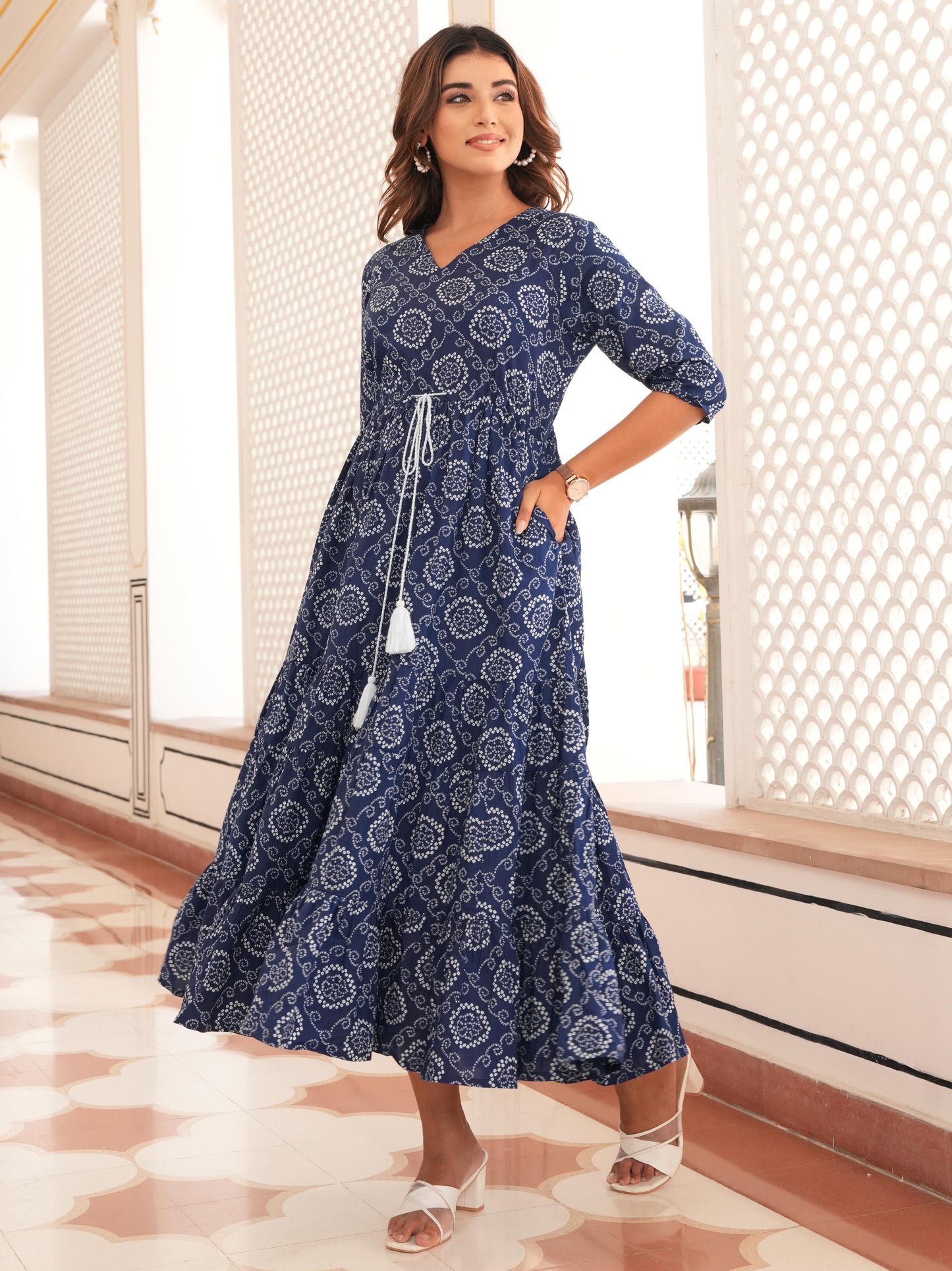 Soft Cotton Bandhani Tiered Blue Dress