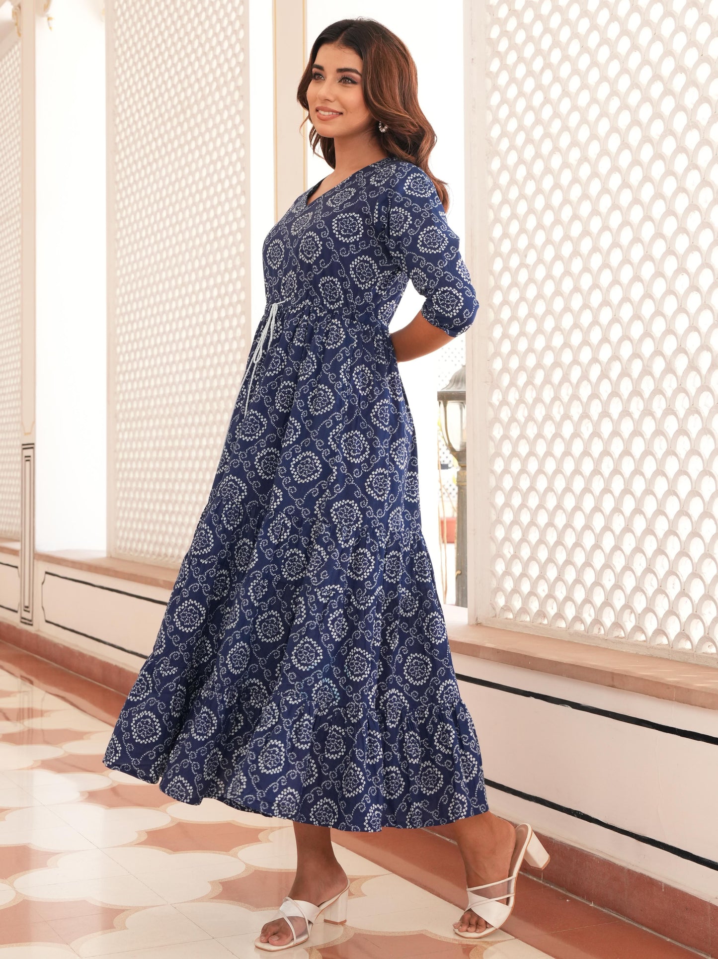Soft Cotton Bandhani Tiered Blue Dress