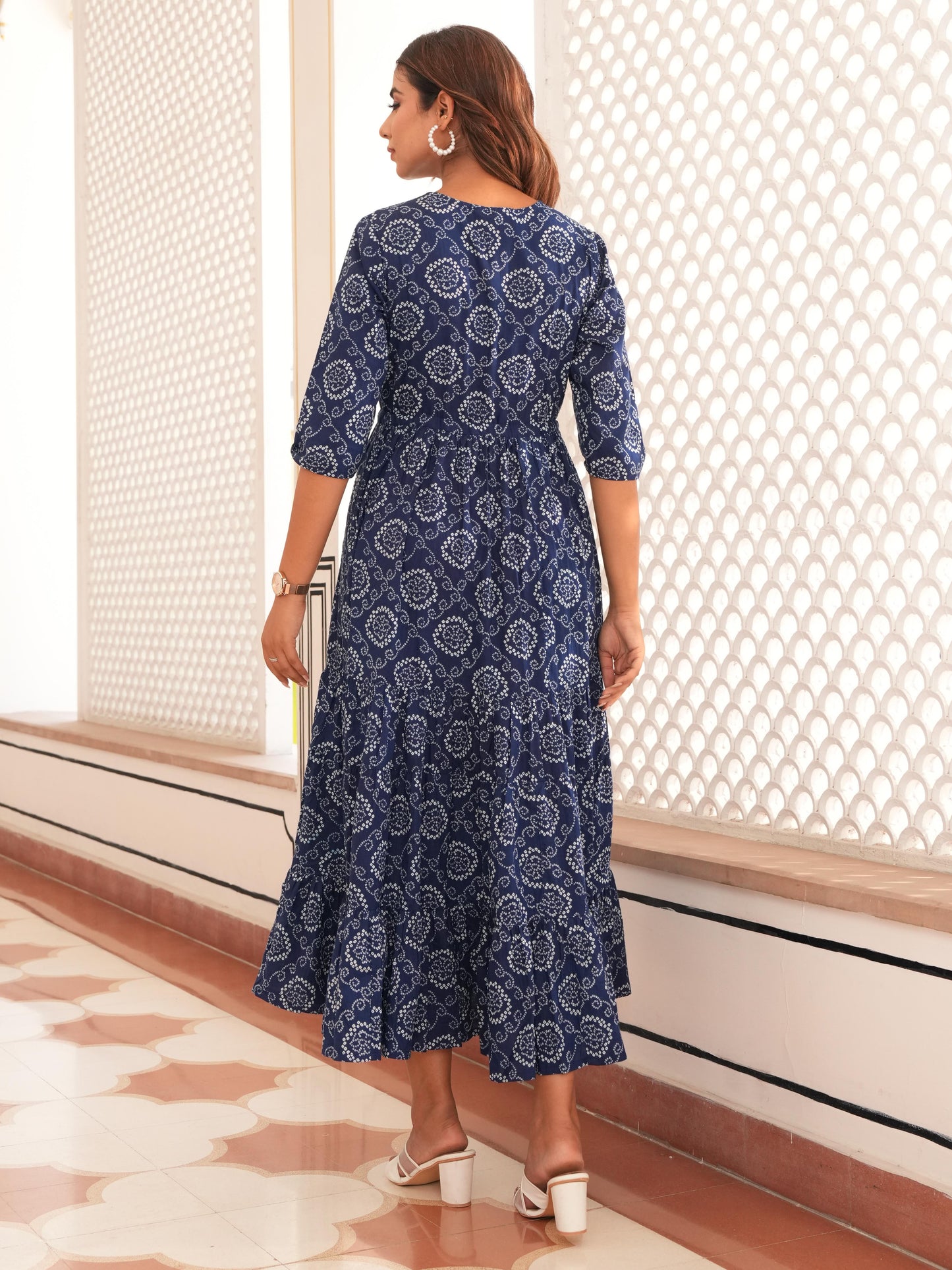 Soft Cotton Bandhani Tiered Blue Dress
