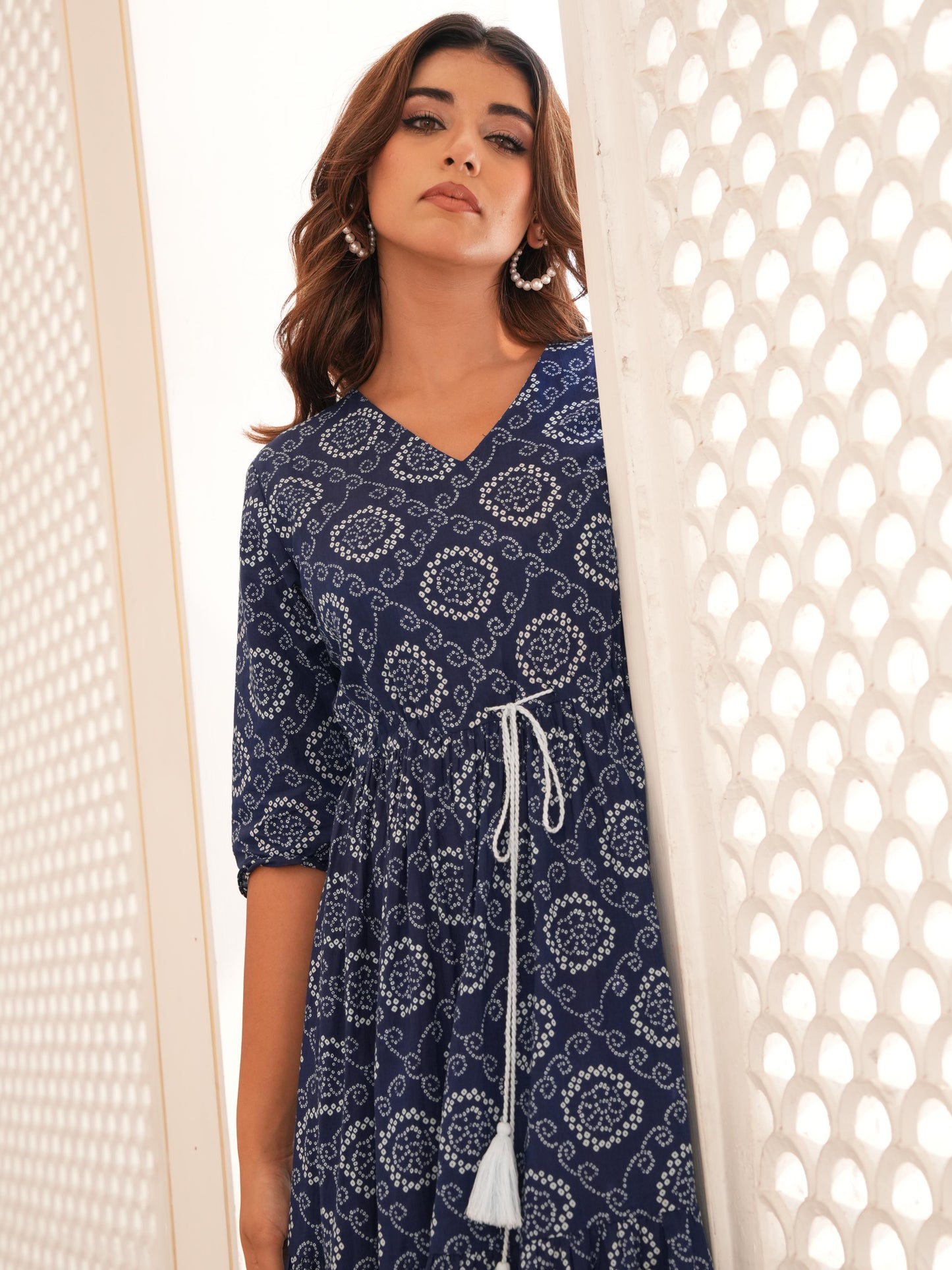 Soft Cotton Bandhani Tiered Blue Dress