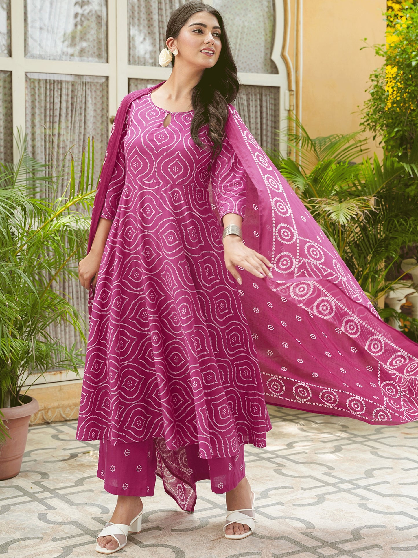 Embroidered Soft Cotton Bandhani Anarkali Pink Kurta