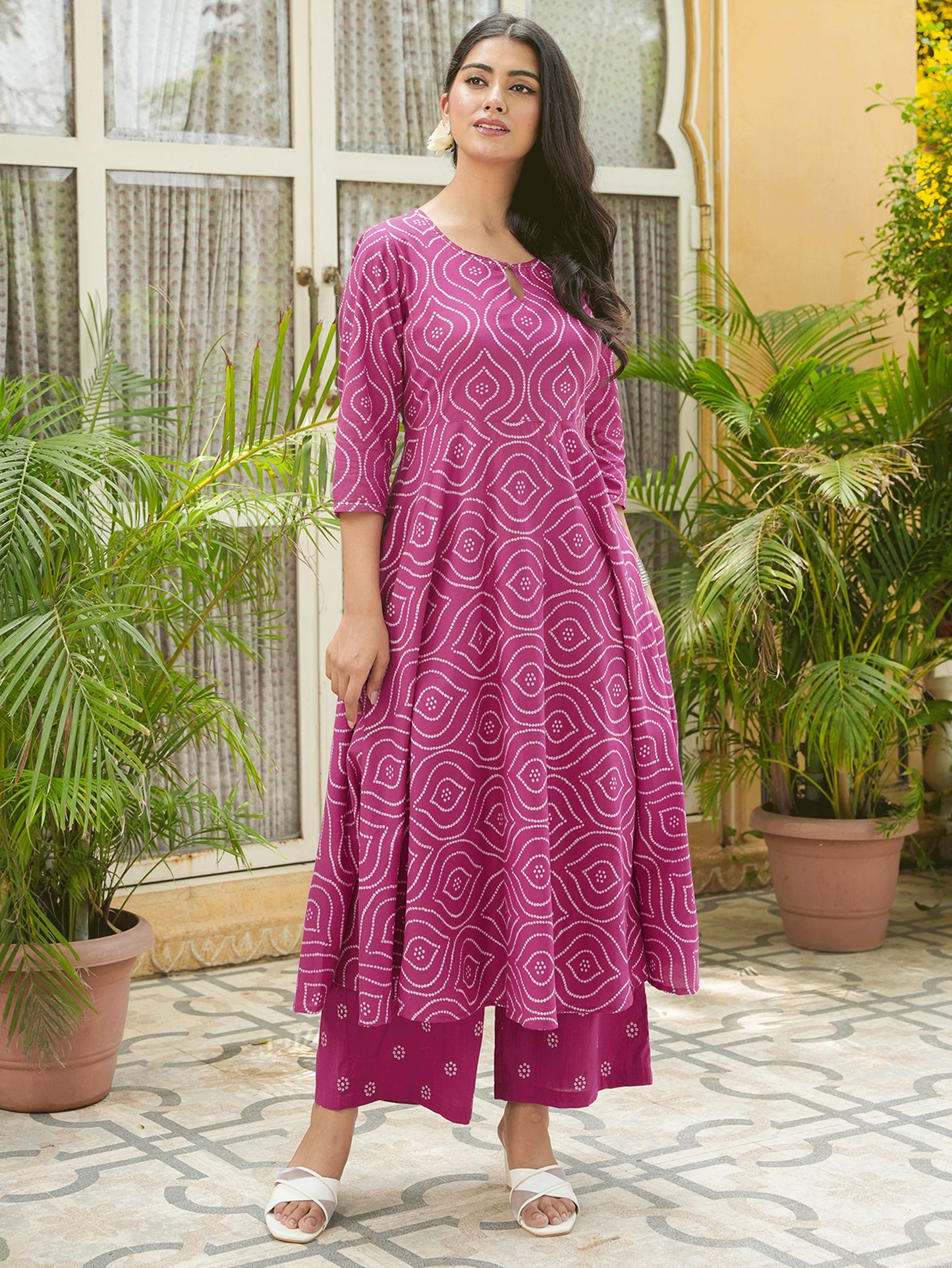 Embroidered Soft Cotton Bandhani Anarkali Pink Kurta