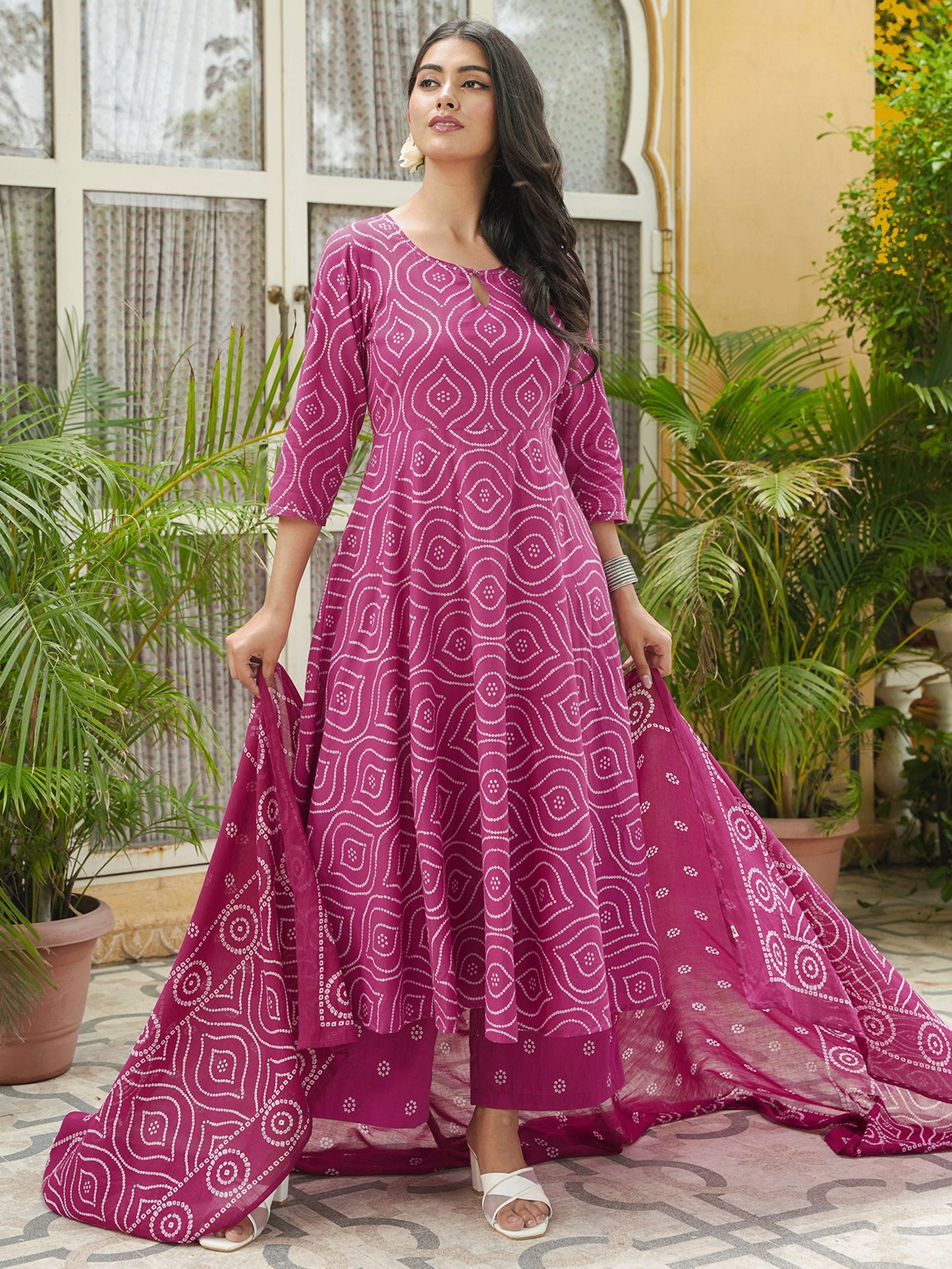 Embroidered Soft Cotton Bandhani Anarkali Pink Kurta