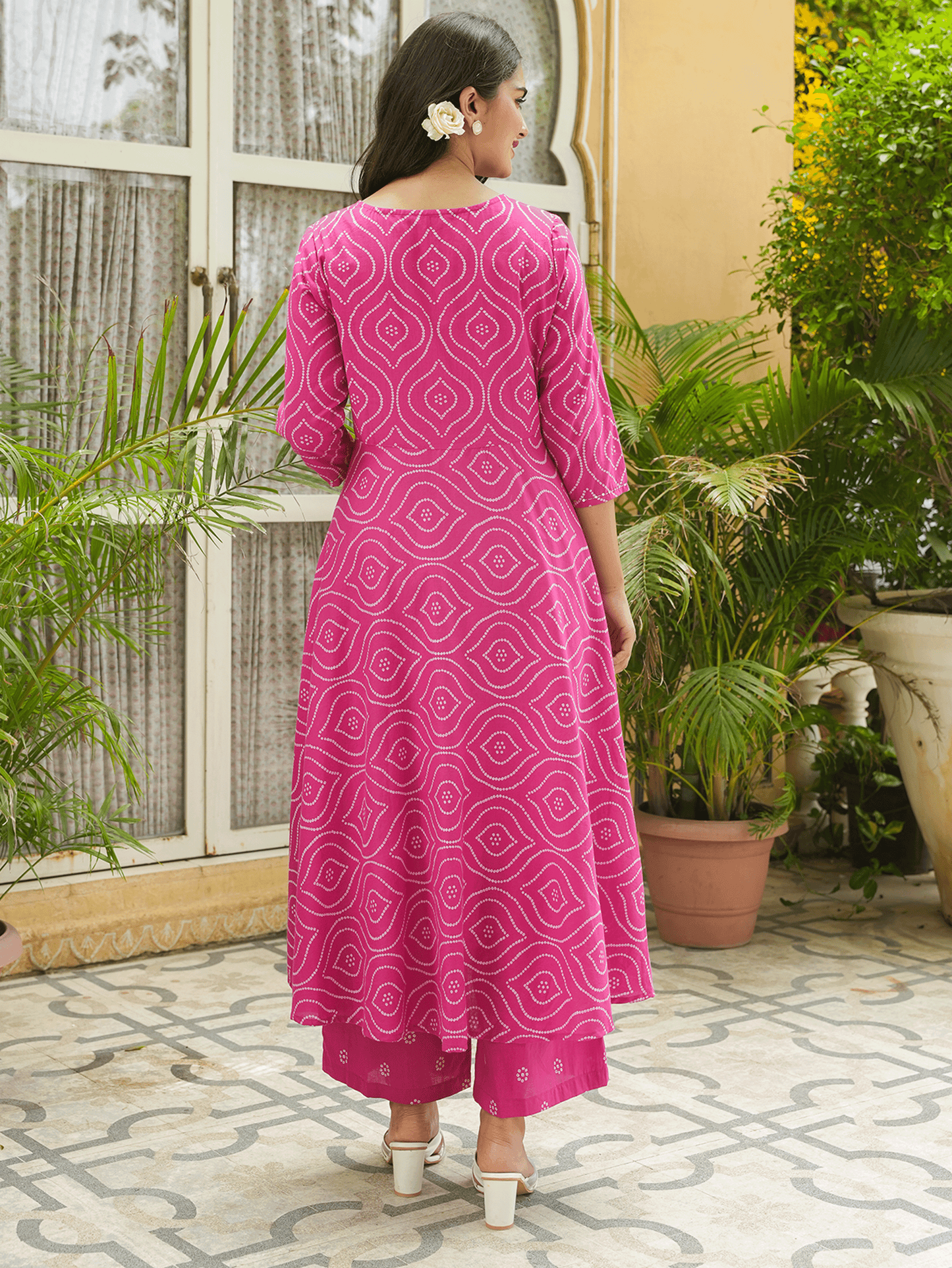 Embroidered Soft Cotton Bandhani Anarkali Pink Kurta
