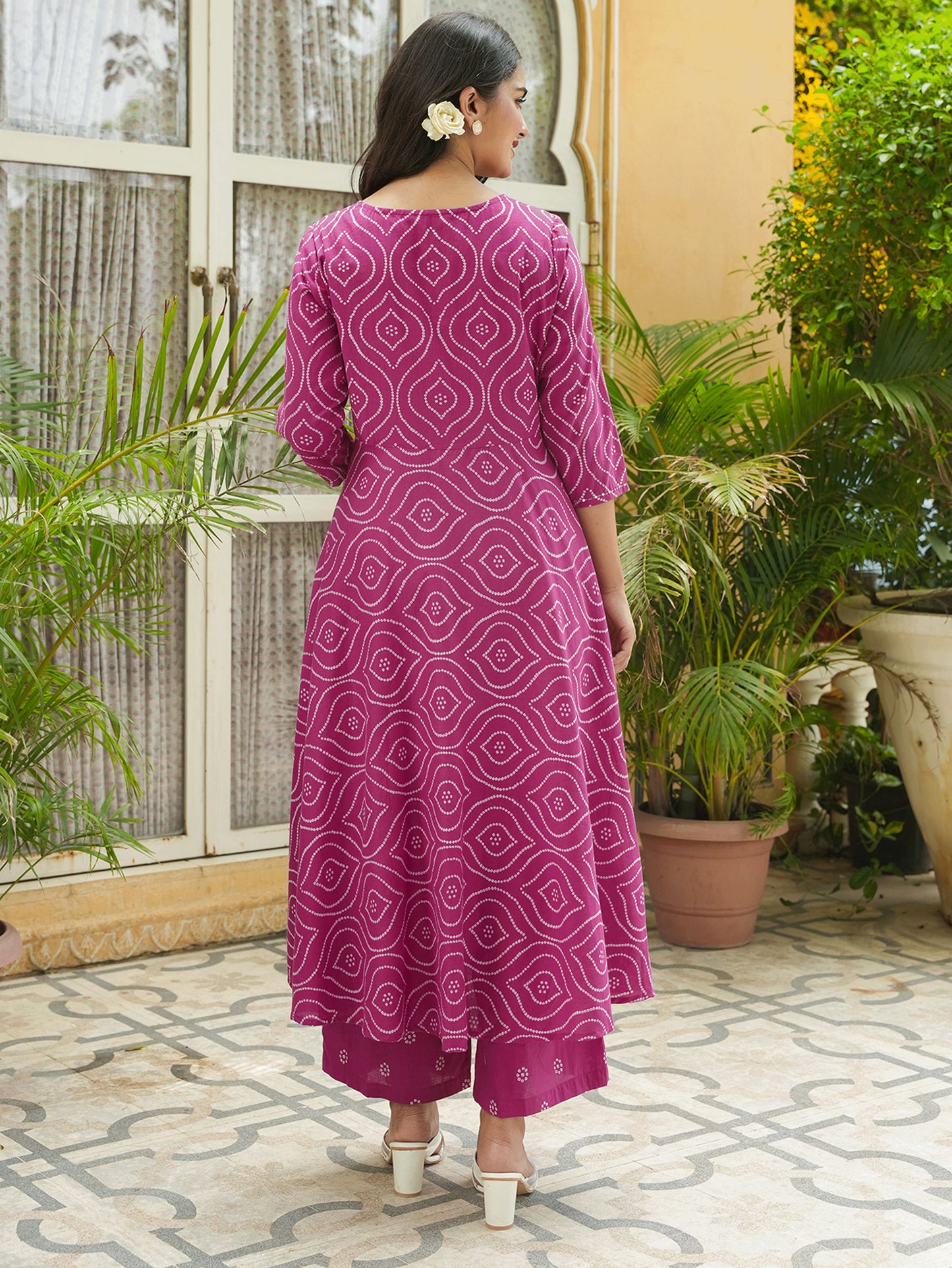 Embroidered Soft Cotton Bandhani Anarkali Pink Kurta