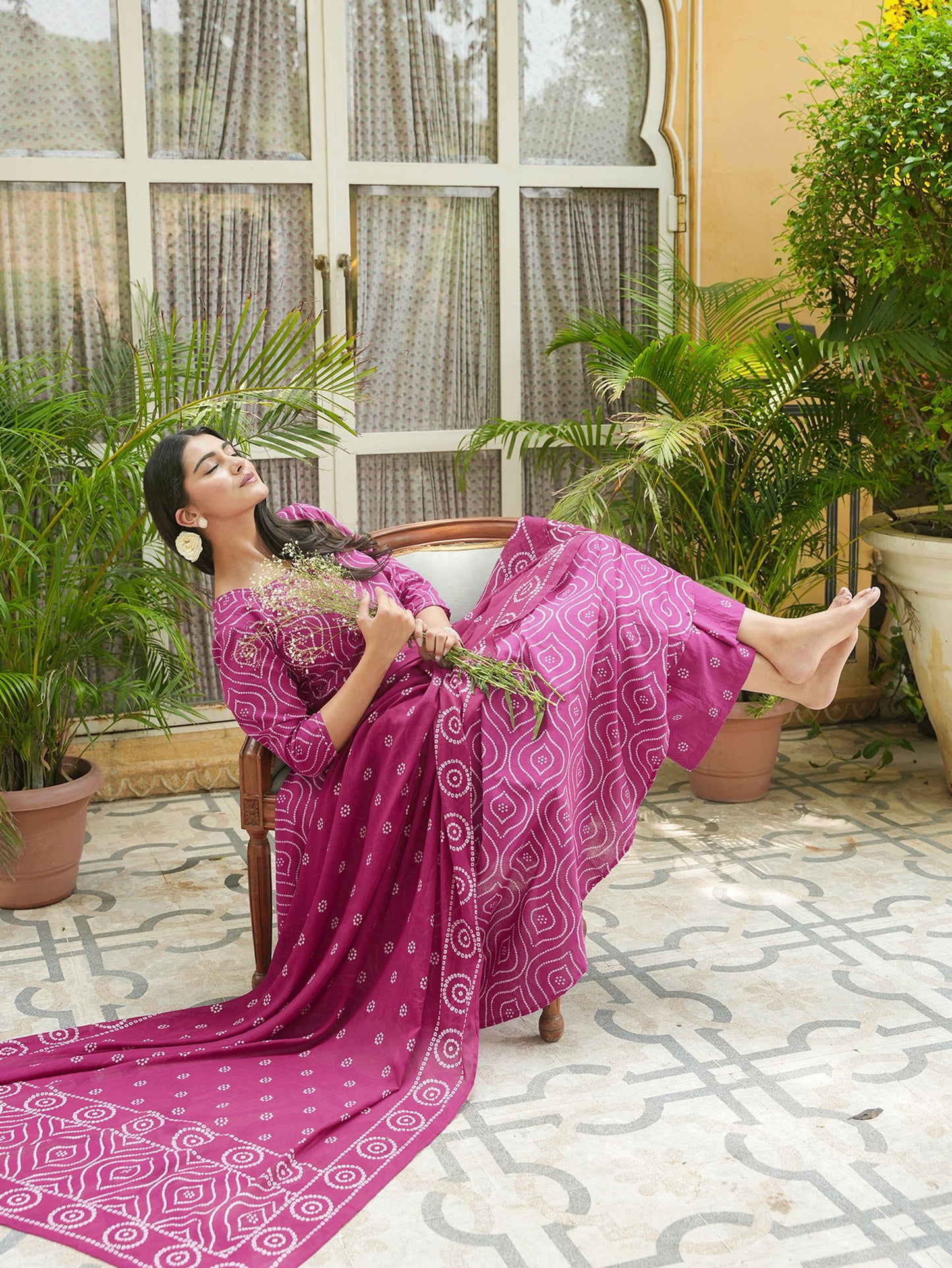 Embroidered Soft Cotton Bandhani Anarkali Pink Kurta
