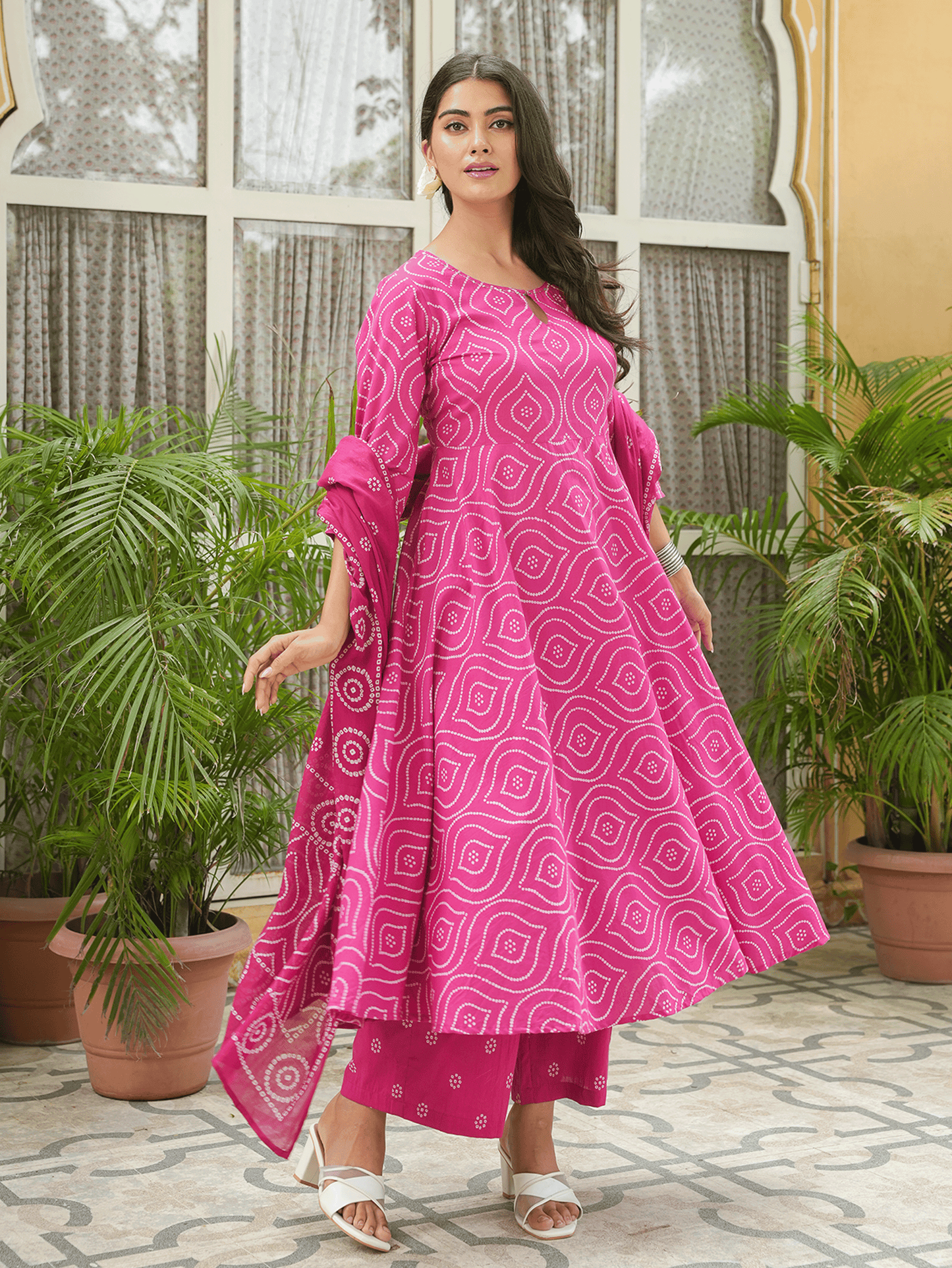Embroidered Soft Cotton Bandhani Anarkali Pink Kurta