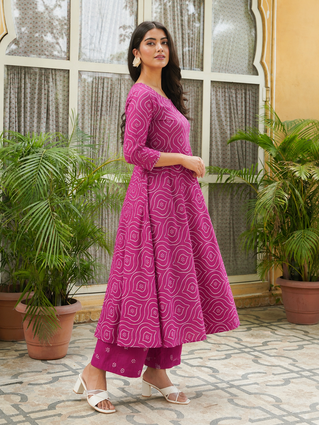 Embroidered Soft Cotton Bandhani Anarkali Pink Kurta