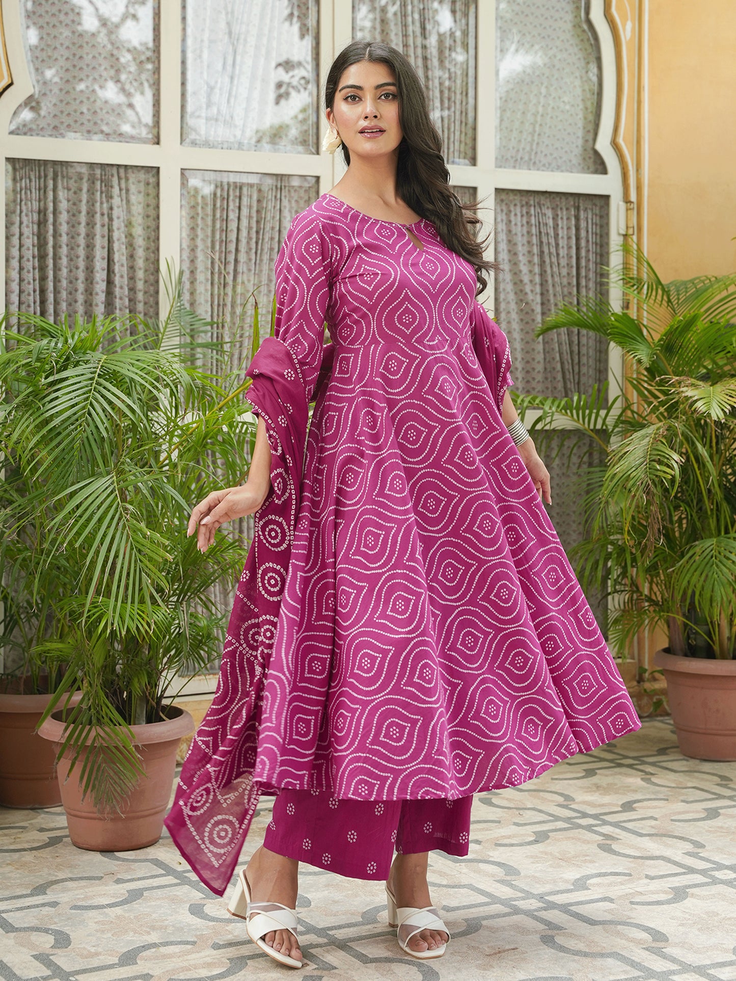 Embroidered Soft Cotton Bandhani Anarkali Pink Kurta